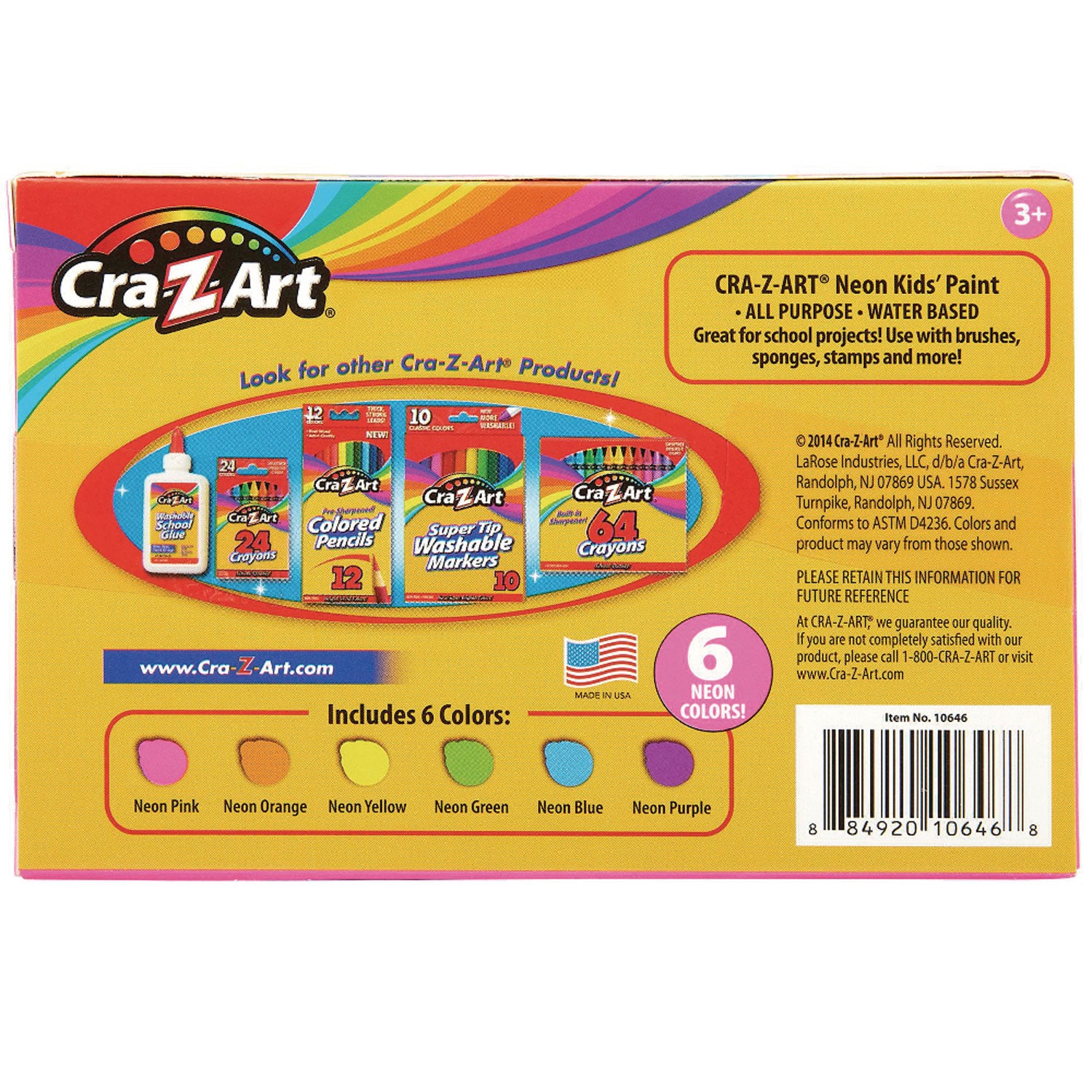 Neon Washable Kids' Paint, 6 Assorted Neon Colors, 2 oz Bottle, 6/Pack - 2