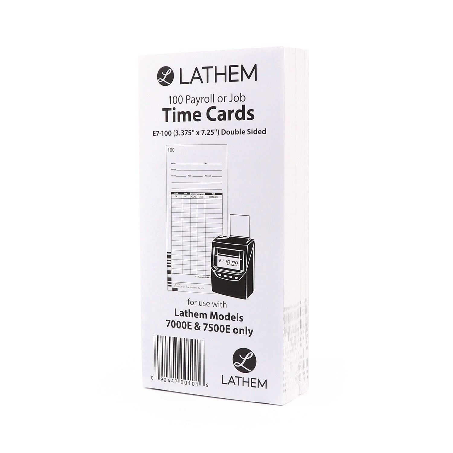 Time Clock Cards for Lathem Time 7000E, Two Sides, 3.5 x 7.25, 100/Pack - 1