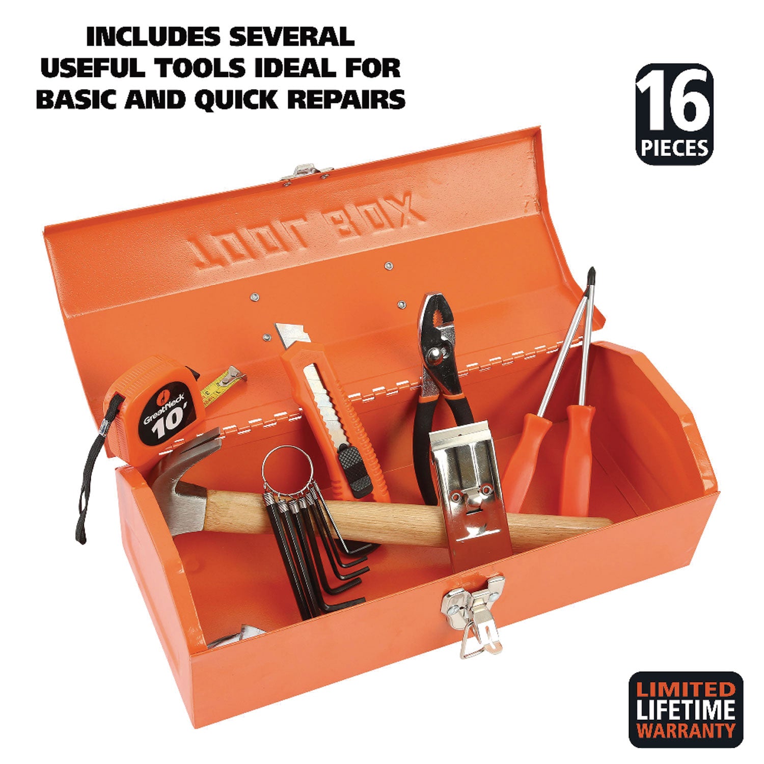 16-Piece Light-Duty Office Tool Kit, Metal Box, Red - 2
