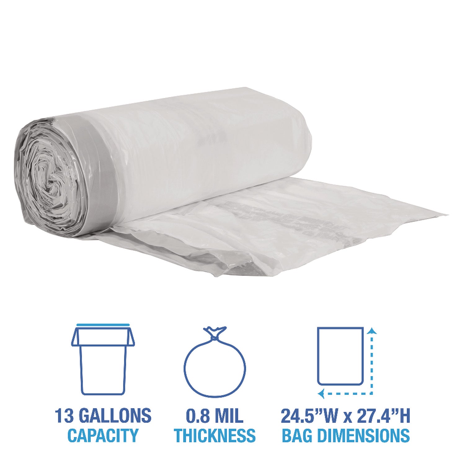Drawstring Kitchen Bags, 13 gal, 0.8 mil, White, 50 Bags/Roll, 2 Rolls/Carton - 2