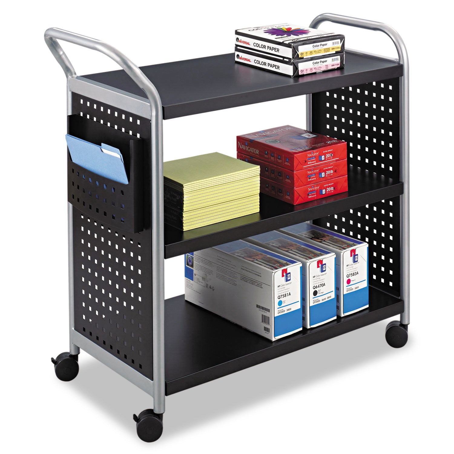 Scoot Three Shelf Utility Cart, Metal, 3 Shelves, 1 Bin, 300 lb Capacity, 31" x 18" x 38", Black/Silver -