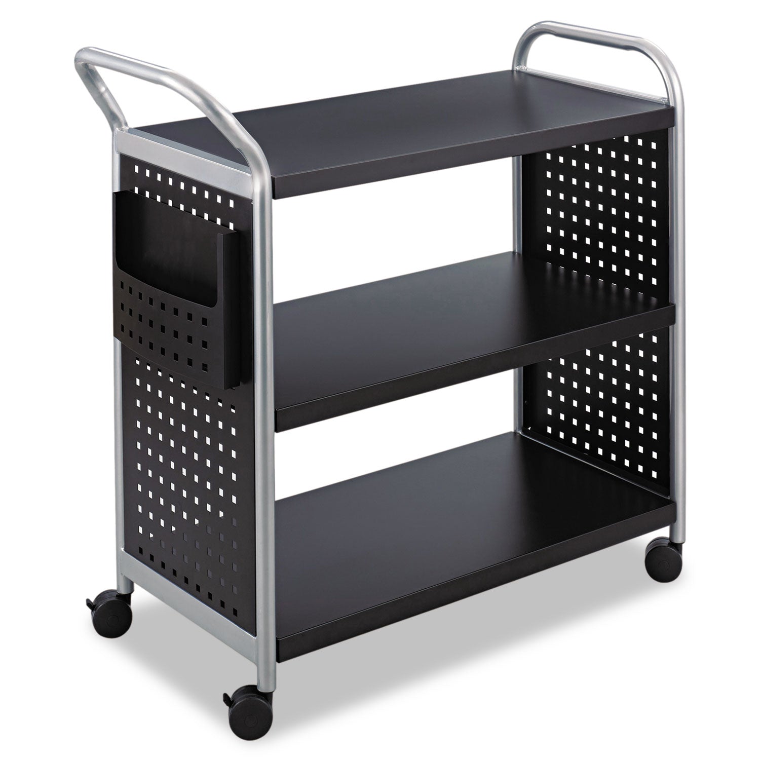 Scoot Three Shelf Utility Cart, Metal, 3 Shelves, 1 Bin, 300 lb Capacity, 31" x 18" x 38", Black/Silver -