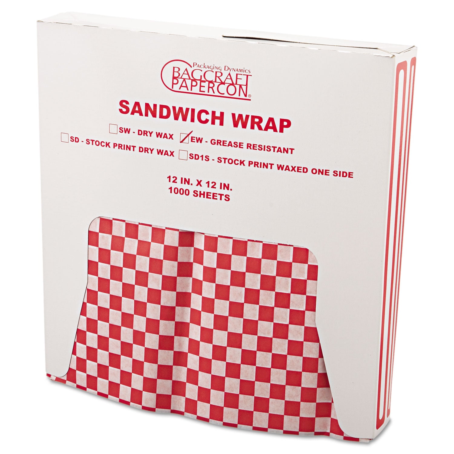 Grease-Resistant Paper Wraps and Liners, 12 x 12, Red Check, 1,000/Box, 5 Boxes/Carton -