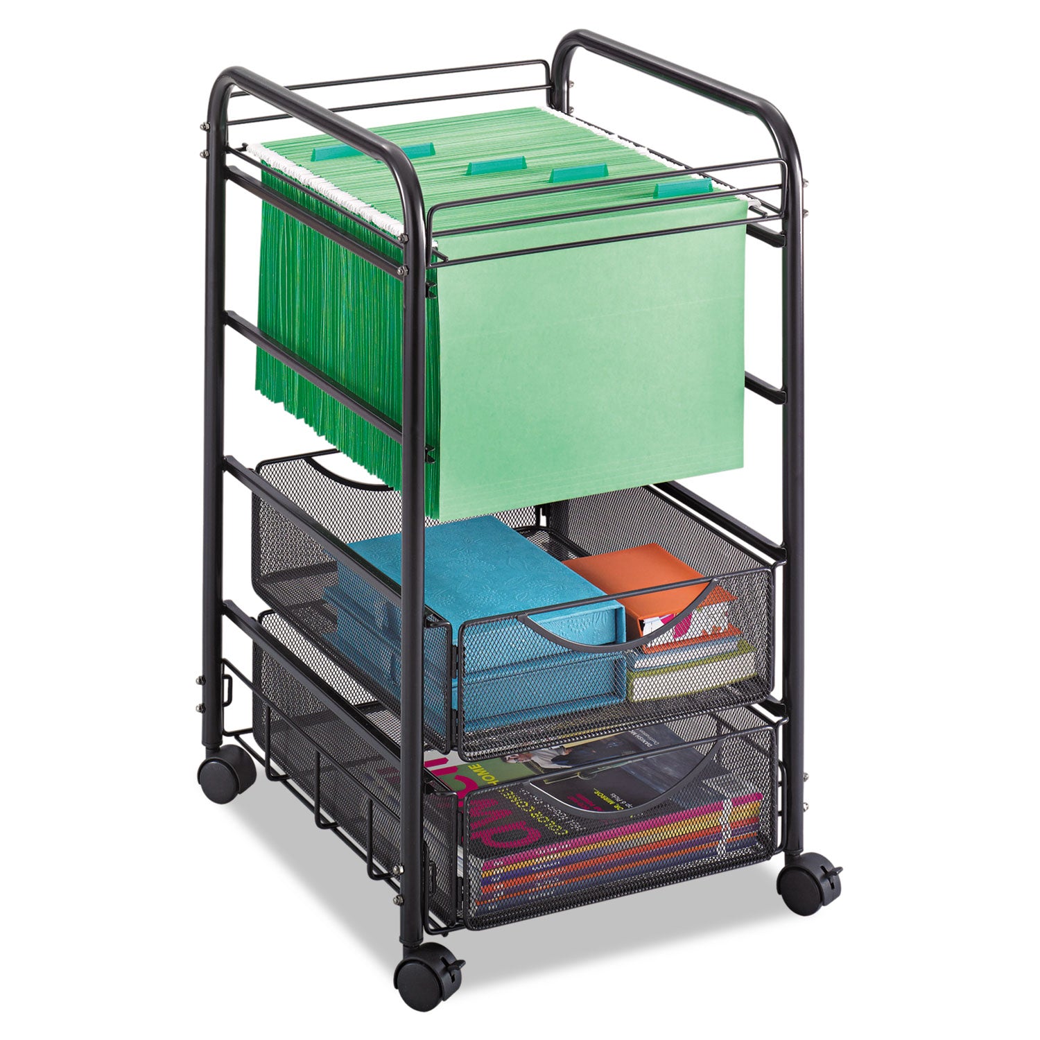 Onyx Mesh Open Mobile File with Drawers, Metal, 2 Drawers, 1 Bin, 15.75" x 17" x 27", Black -