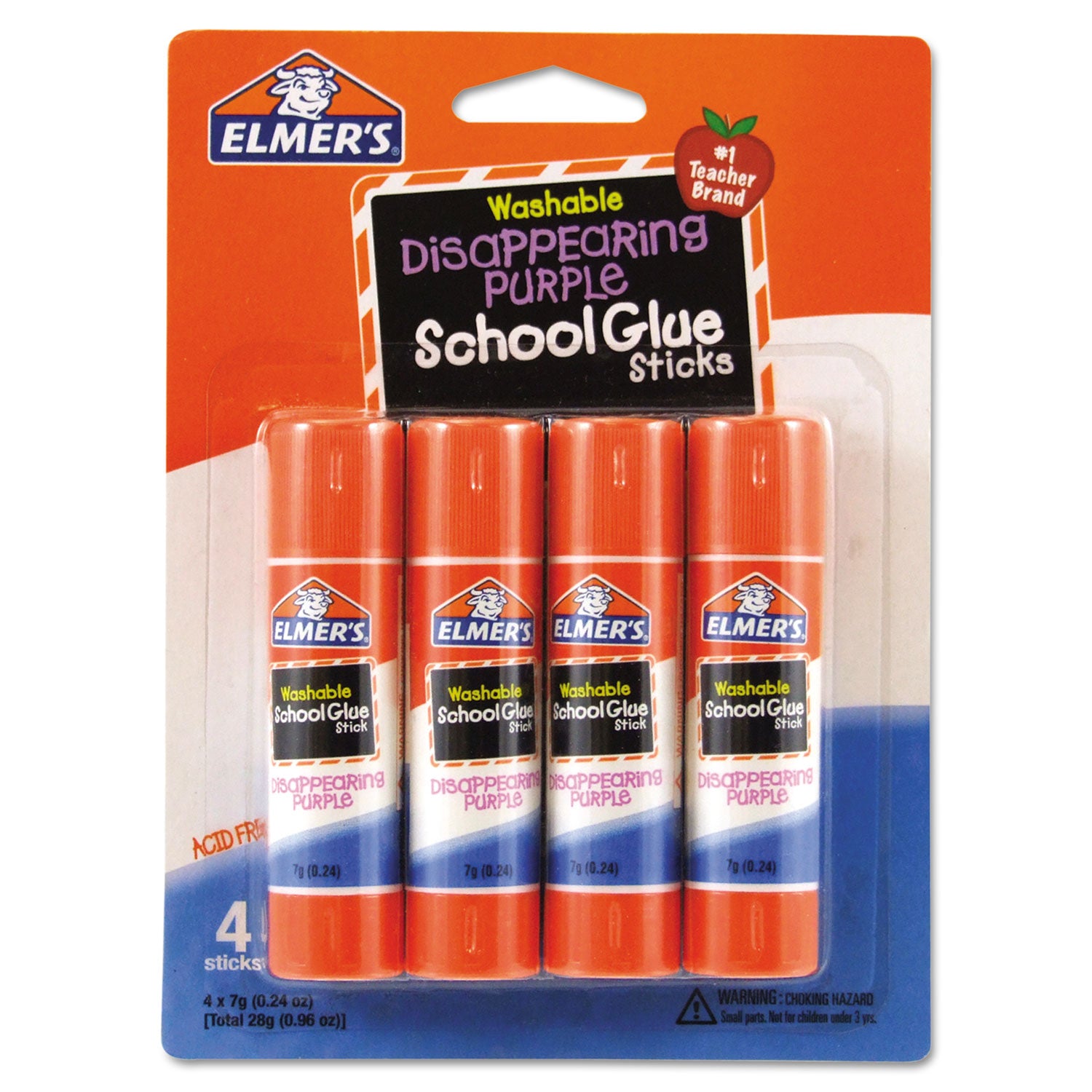 Washable School Glue Sticks, 0.24 oz, Applies Purple, Dries Clear, 4/Pack -