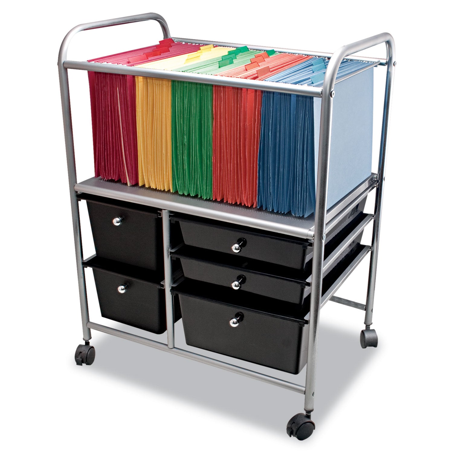 Advantus 5-Drawer Storage File Cart - 5 Drawer - 4 Casters - 21.9" Length x 15.3" Width x 28.9" Height - Chrome Frame - Silver, Chrome, Black - 1 Each - 1
