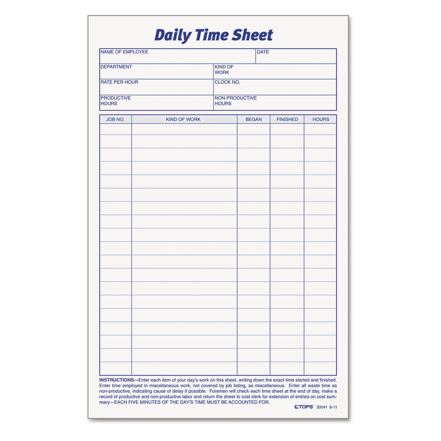Daily Time and Job Sheets, One-Part (No Copies), 8.5 x 5.5, 200 Forms/Pad, 2 Pads/Pack -
