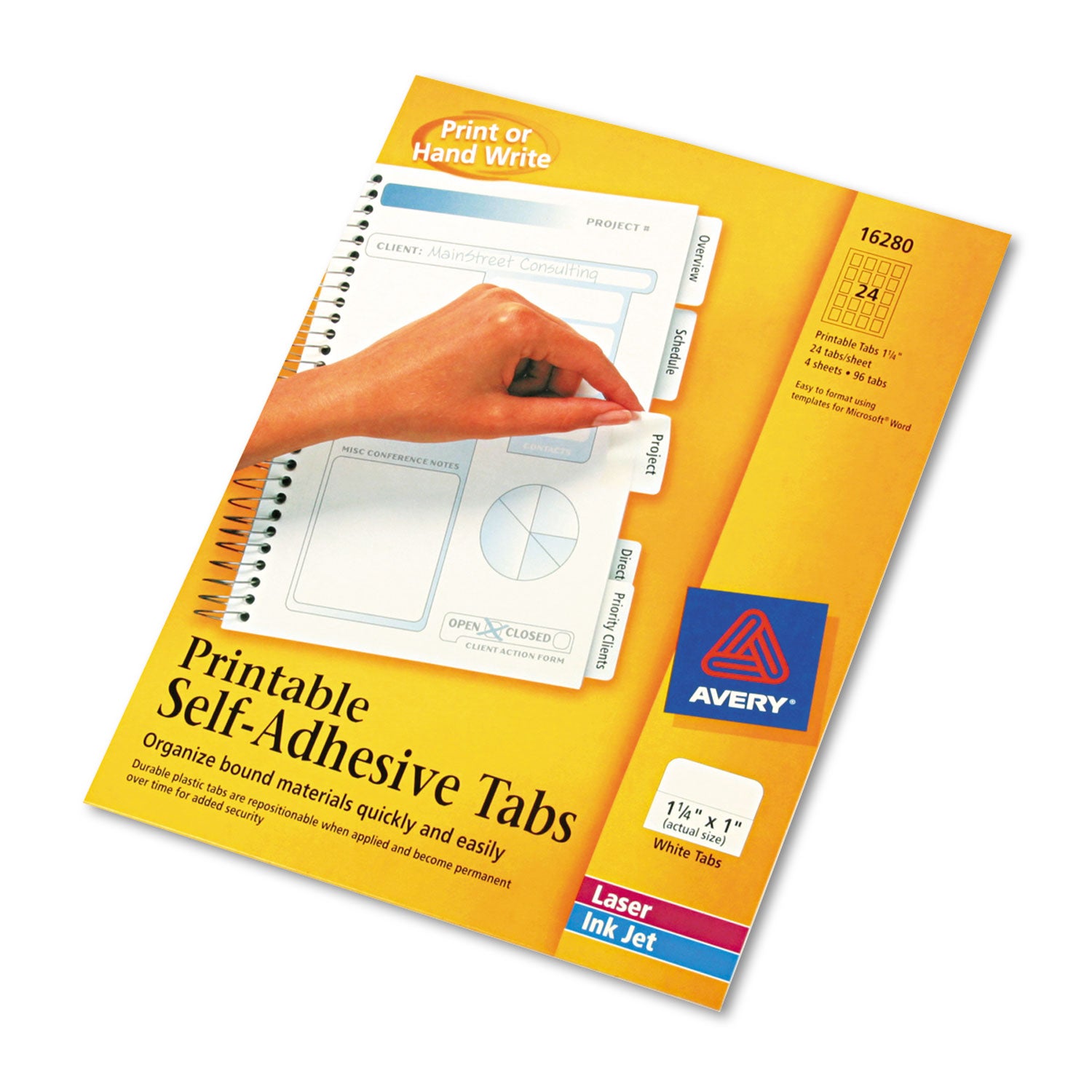 Printable Plastic Tabs with Repositionable Adhesive, 1/5-Cut, White, 1.25" Wide, 96/Pack -