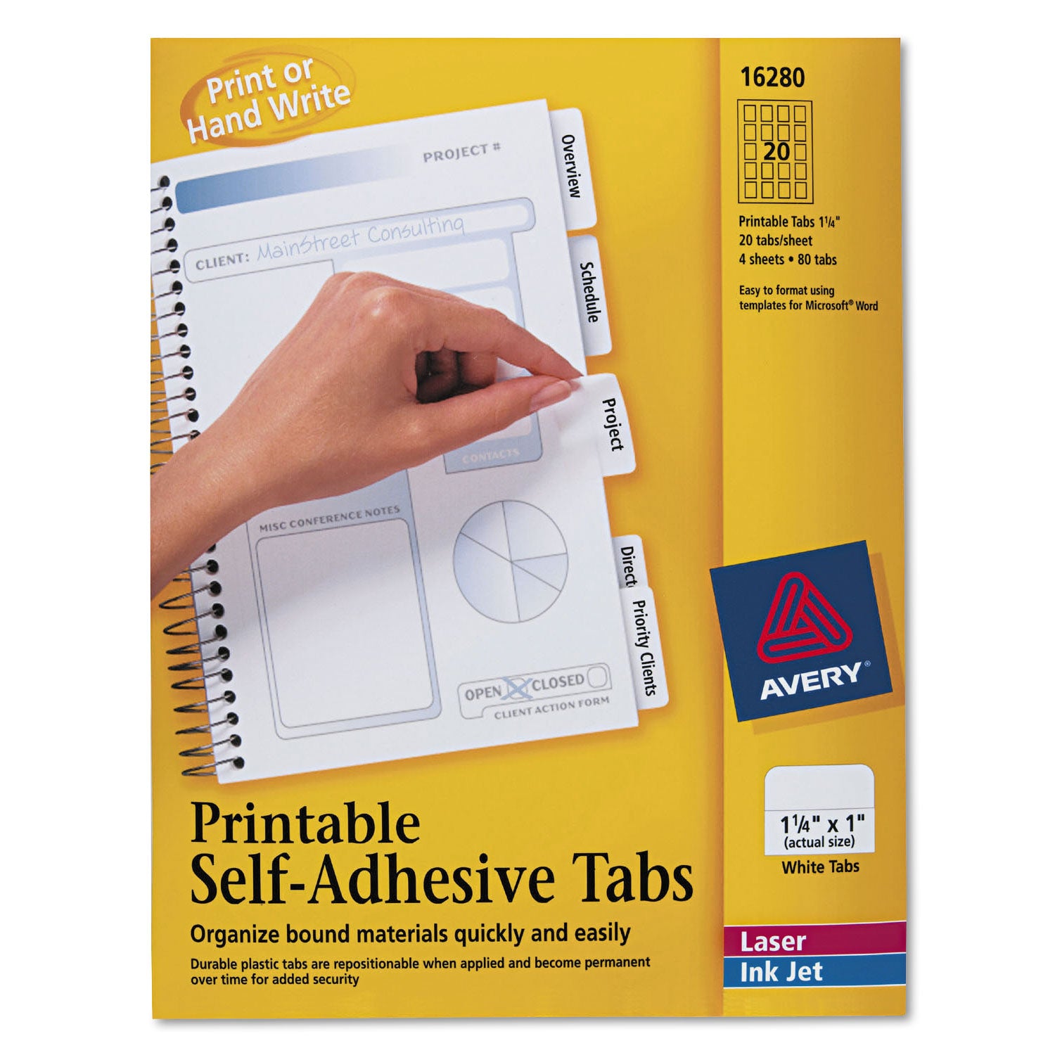Printable Plastic Tabs with Repositionable Adhesive, 1/5-Cut, White, 1.25" Wide, 96/Pack -