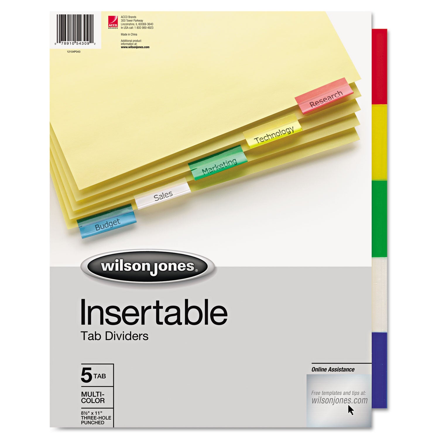 Insertable Tab Dividers, 3-Hole Punched, 5-Tab, 11 x 8.5, Buff, Assorted Tabs, 1 Set -
