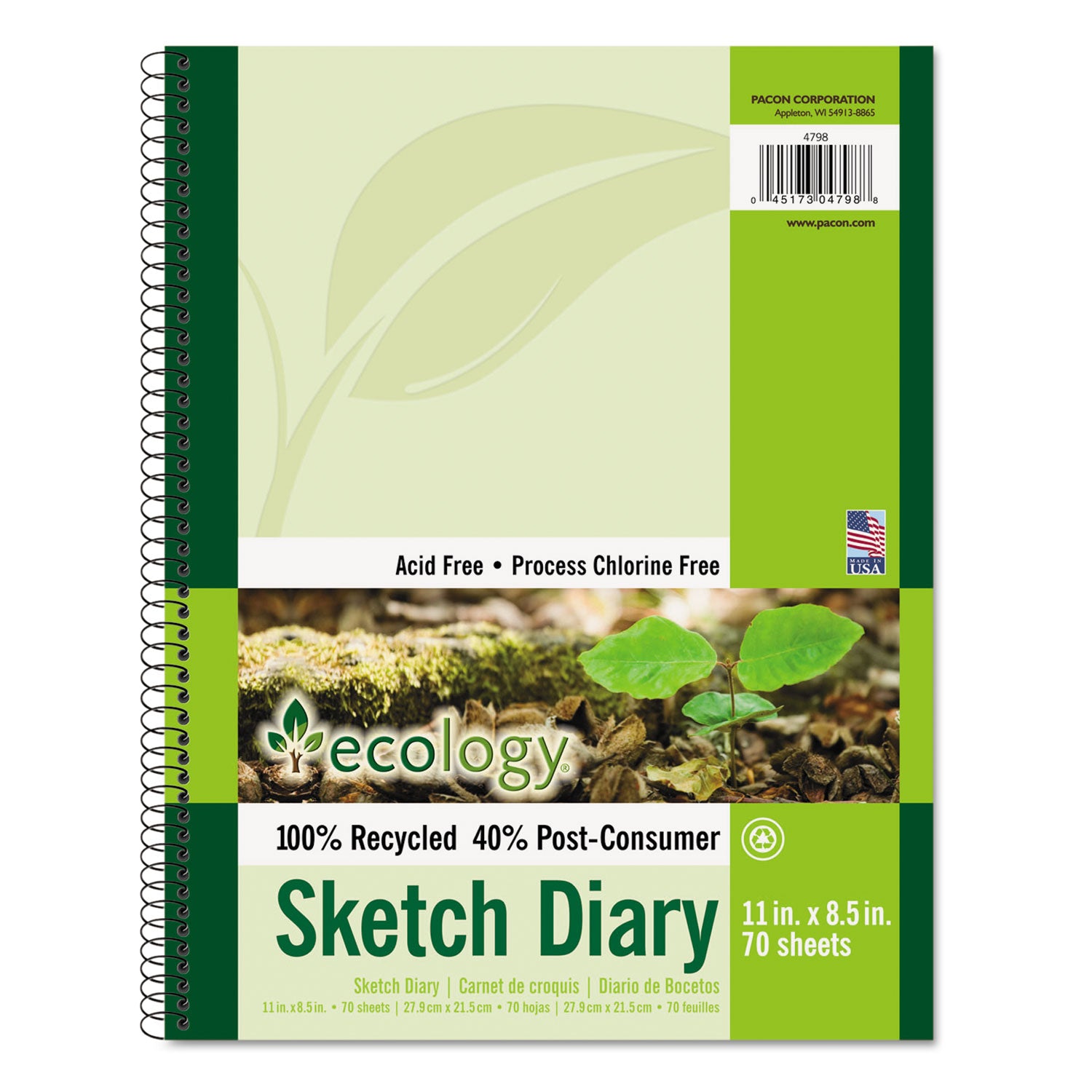 Ecology Sketch Diary, 60 lb Text Paper Stock, Green Cover, (70) 11 x 8.5 Sheets -