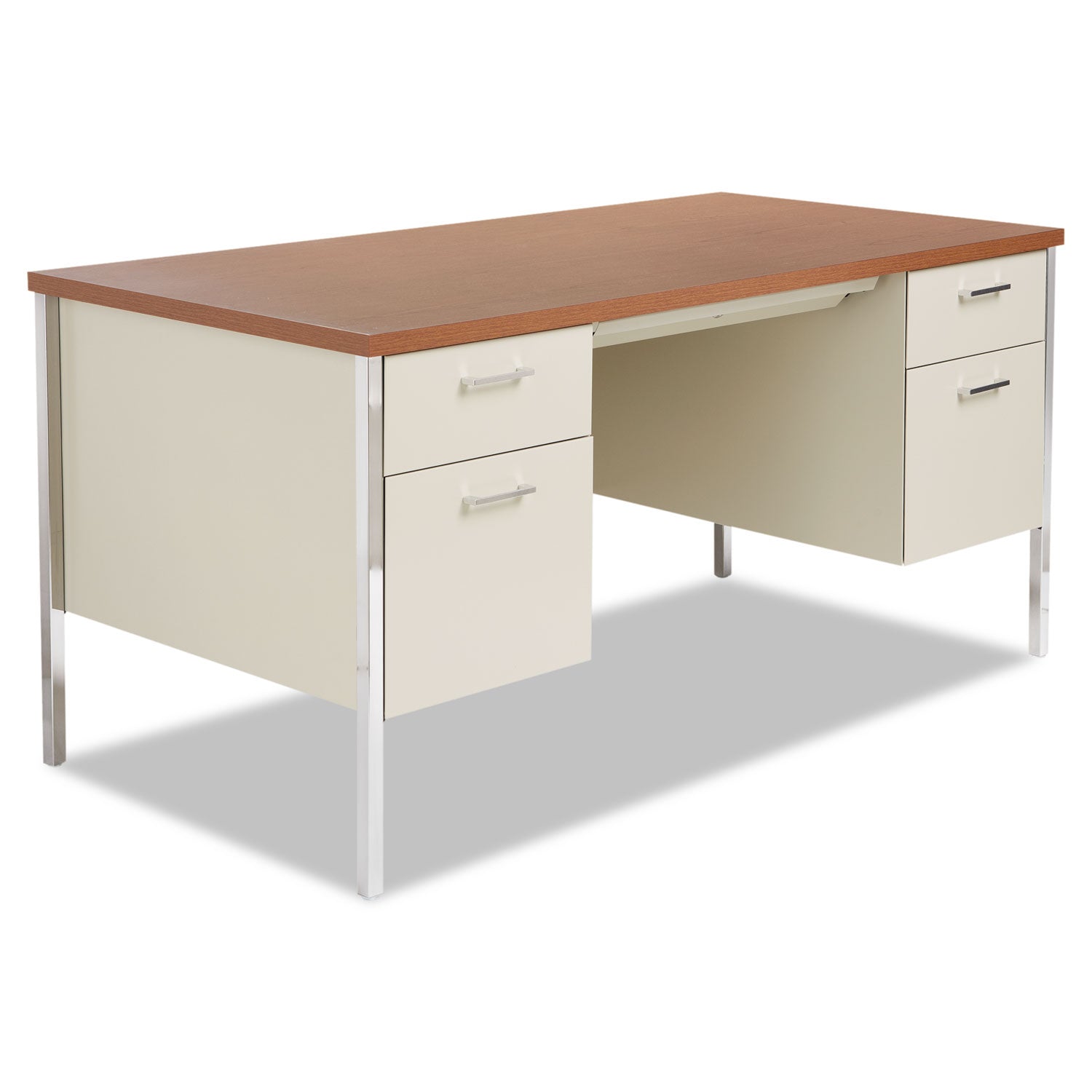 Double Pedestal Steel Desk, 60" x 30" x 29.5", Cherry/Putty, Chrome-Plated Legs -