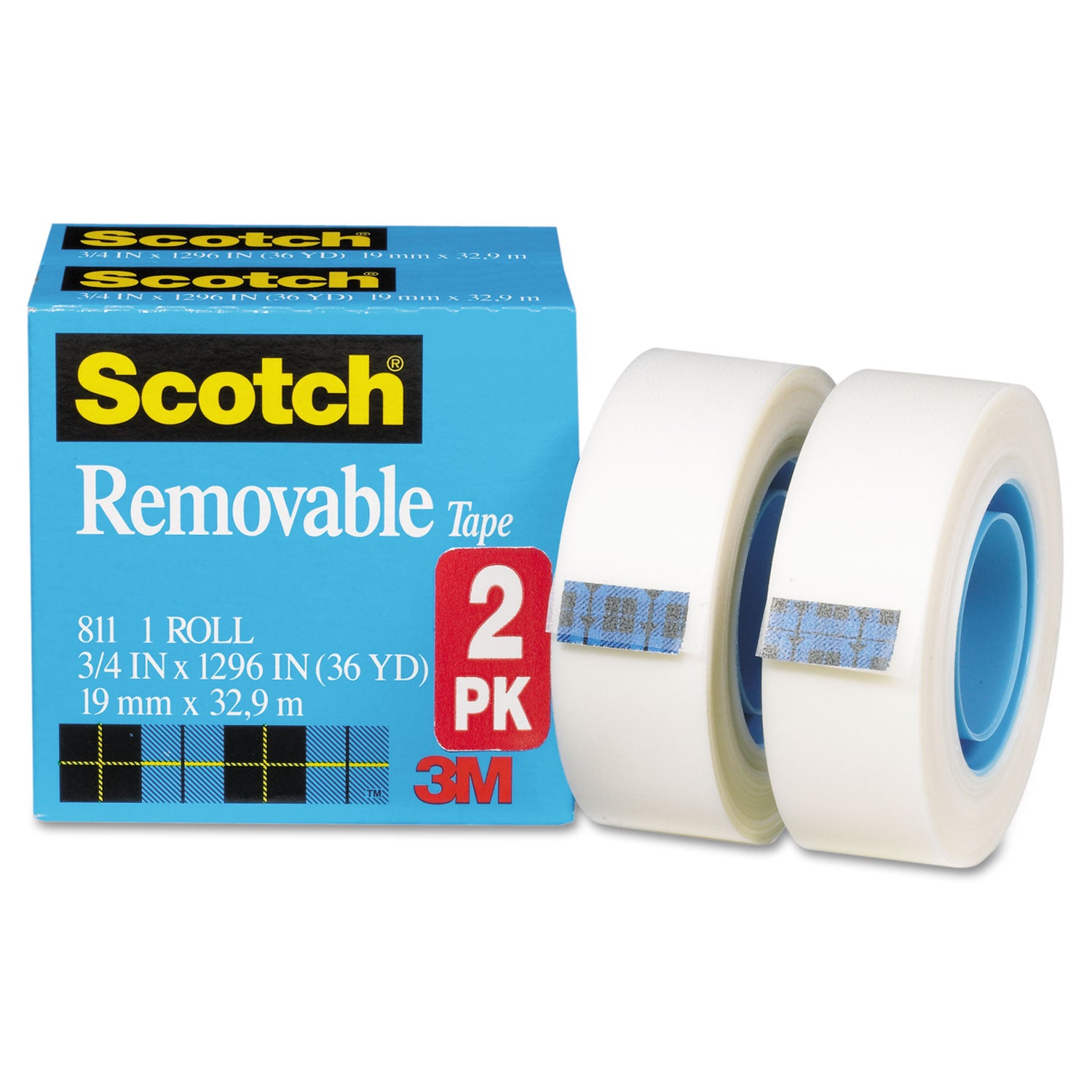 Removable Tape, 1" Core, 0.75" x 36 yds, Transparent, 2/Pack -