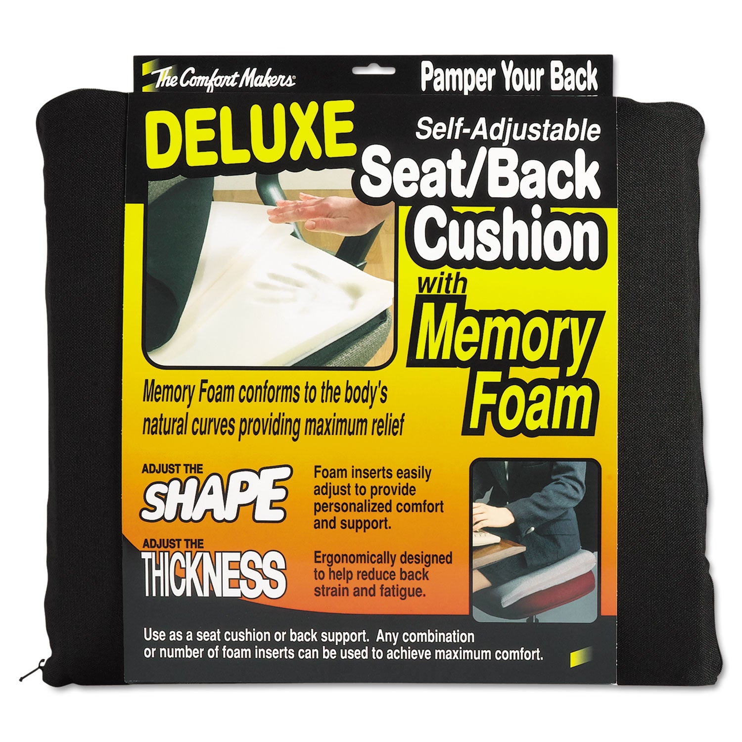 The ComfortMakers Deluxe Seat/Back Cushion, Memory Foam, 17 x 2.75 x 17.5, Black -