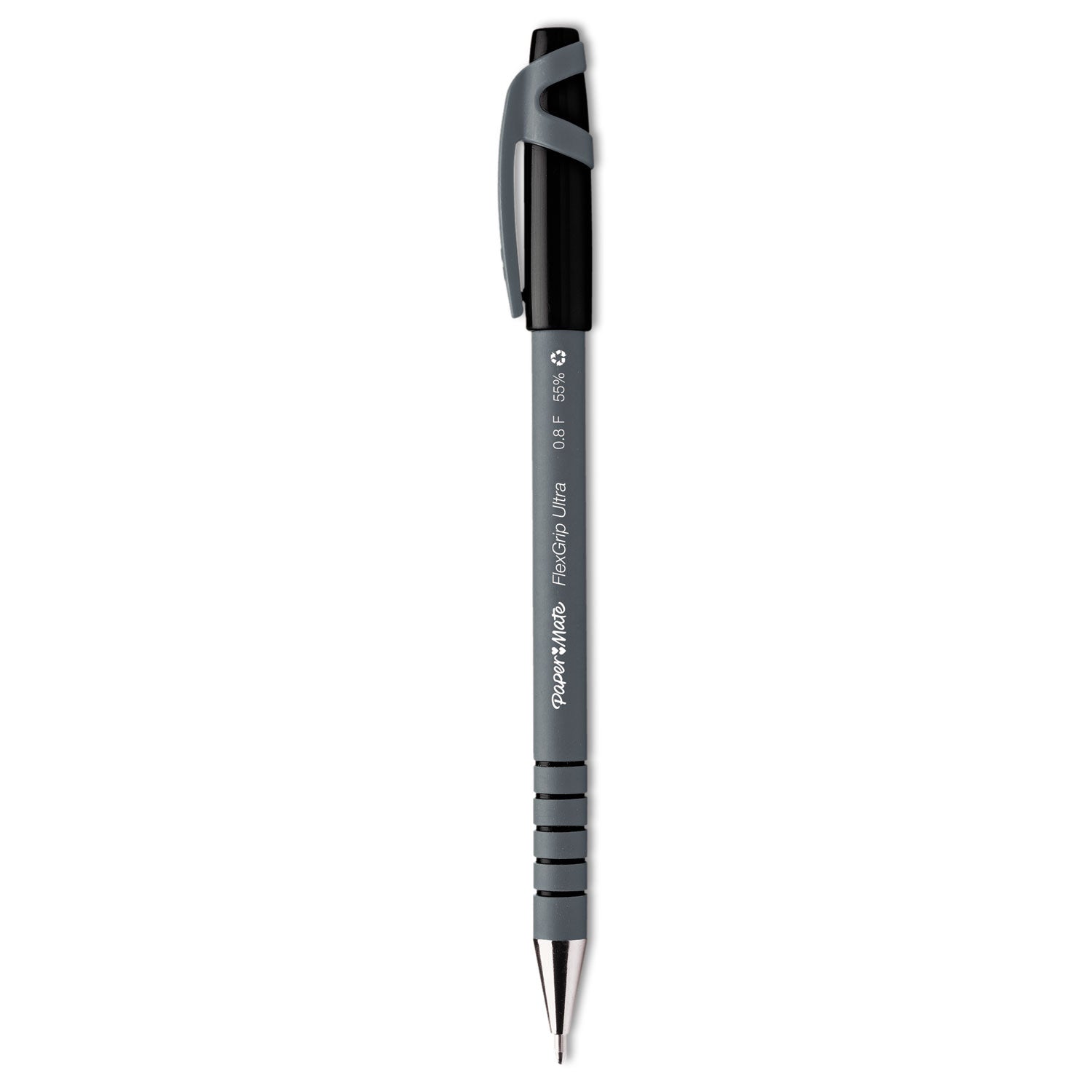 FlexGrip Ultra Recycled Ballpoint Pen, Stick, Fine 0.8 mm, Black Ink, Gray Barrel, Dozen -