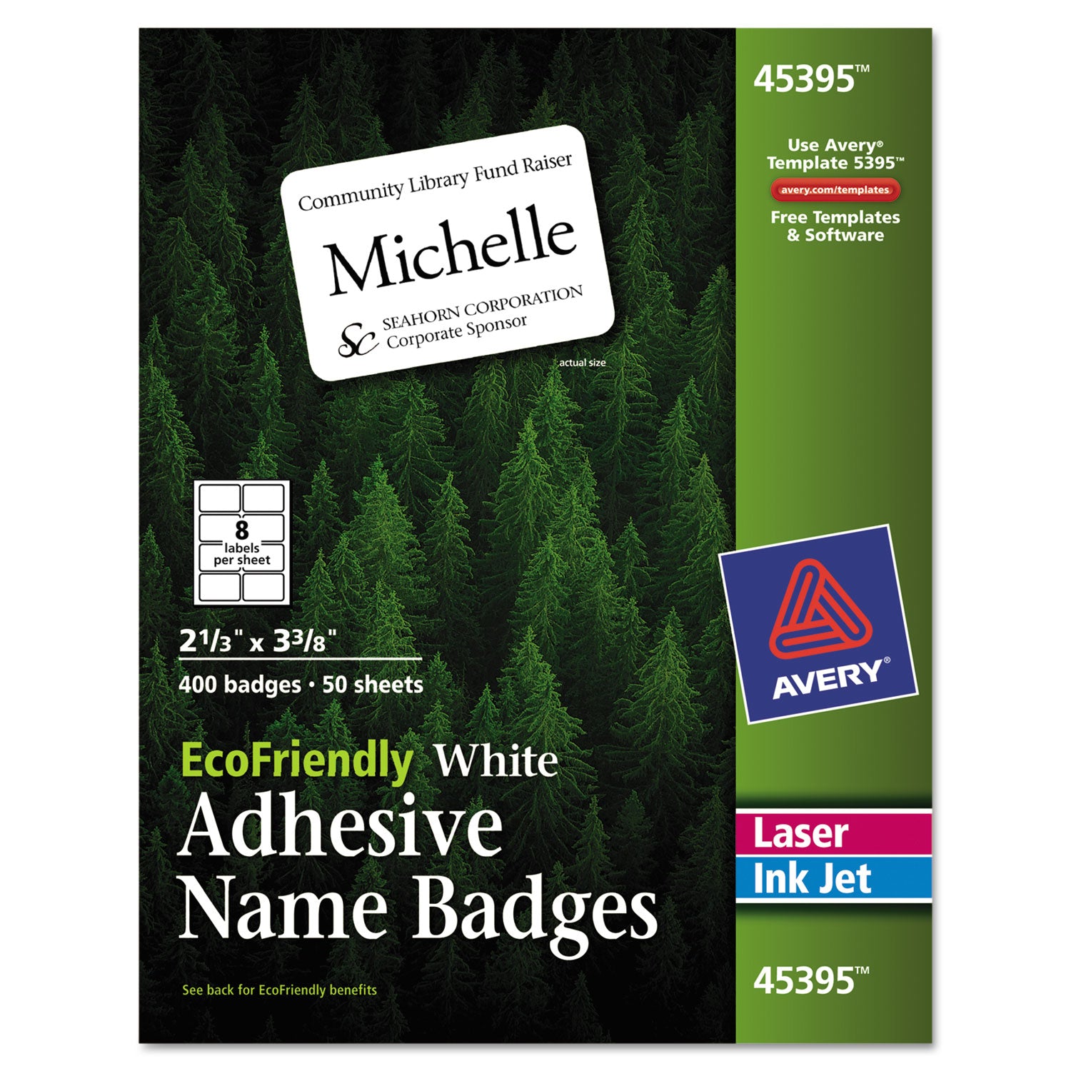 EcoFriendly Adhesive Name Badge Labels, 3.38 x 2.33, White, 400/Box -