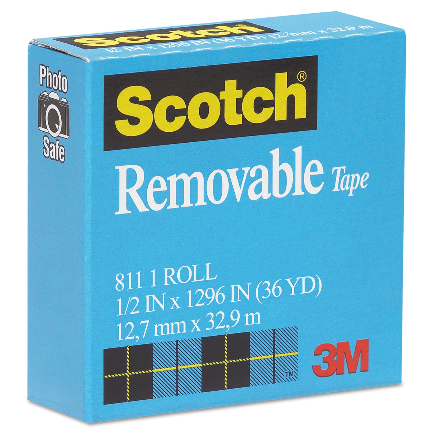 Removable Tape, 1" Core, 0.5" x 36 yds, Transparent -