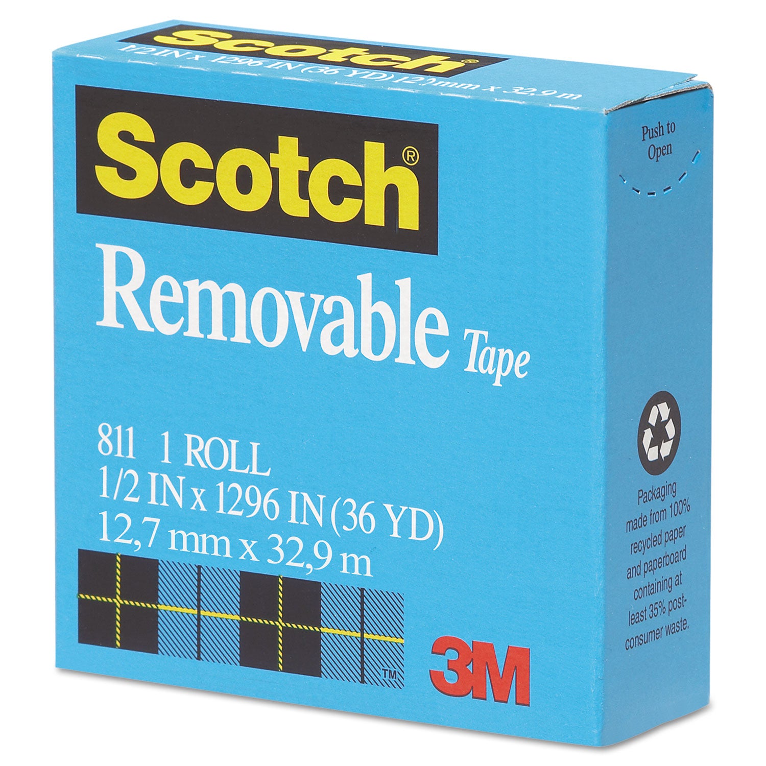 Removable Tape, 1" Core, 0.5" x 36 yds, Transparent -