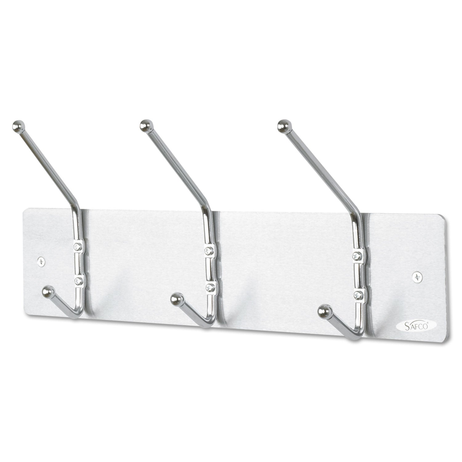 Metal Wall Rack, Three Ball-Tipped Double-Hooks, Metal, 18w x 3.75d x 7h, Satin -