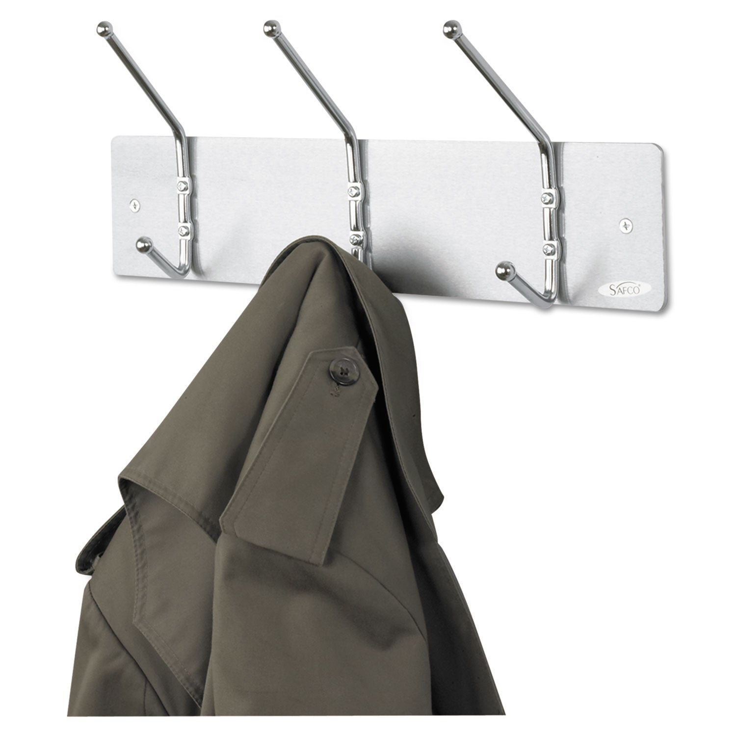 Metal Wall Rack, Three Ball-Tipped Double-Hooks, Metal, 18w x 3.75d x 7h, Satin -