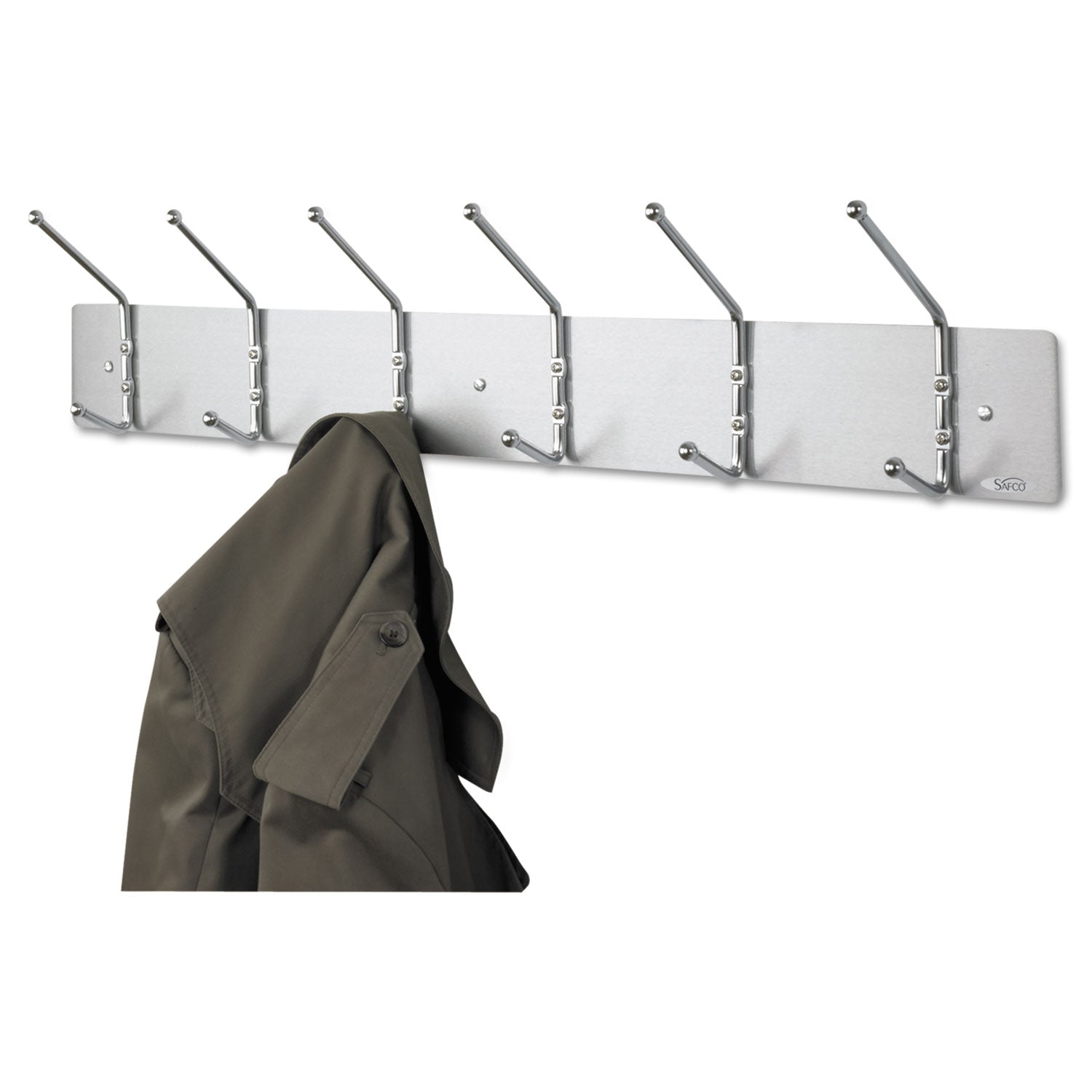 Metal Wall Rack, Six Ball-Tipped Double-Hooks, Metal, 36w x 3.75d x 7h, Satin -