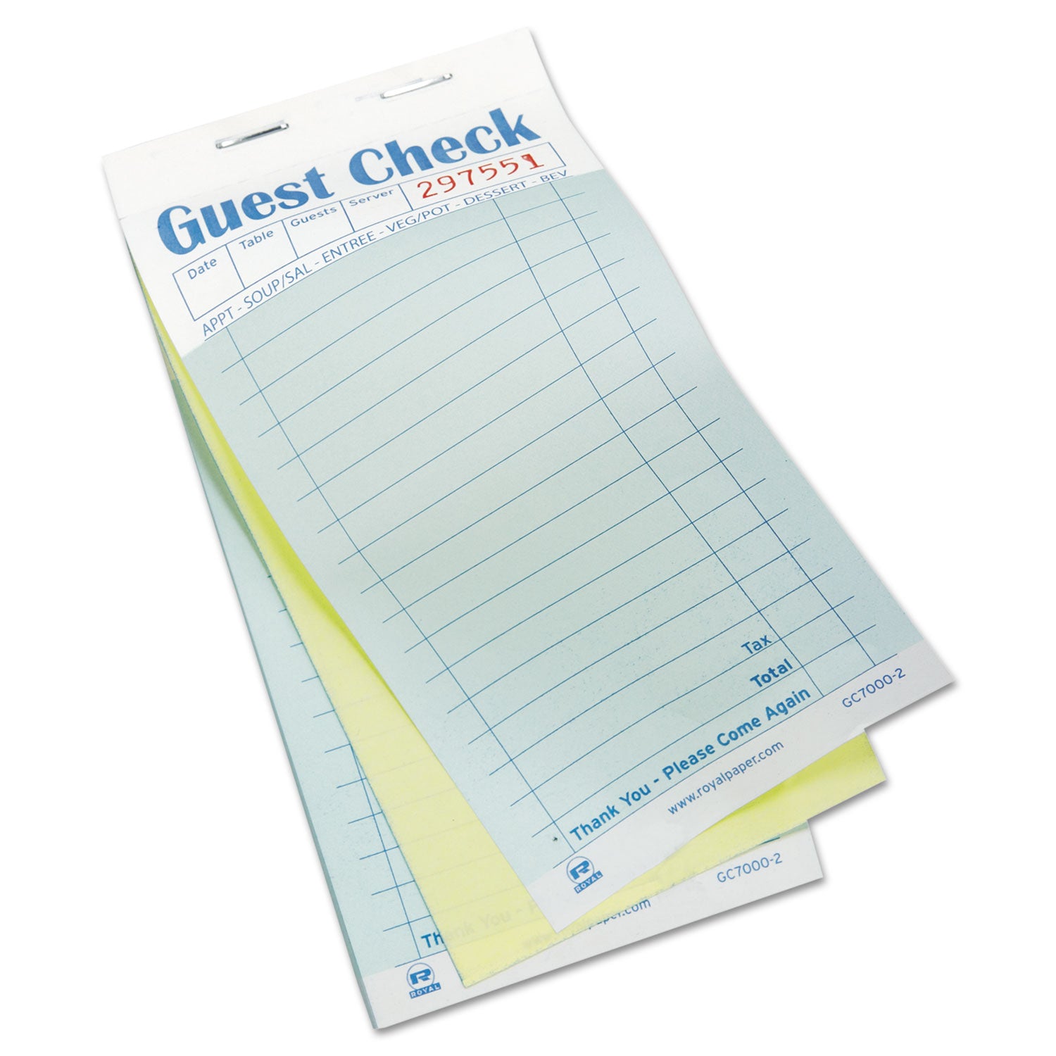 Guest Check Pad, 17 Lines, Two-Part Carbonless, 3.6 x 6.7, 50 Forms/Pad, 50 Pads/Carton -