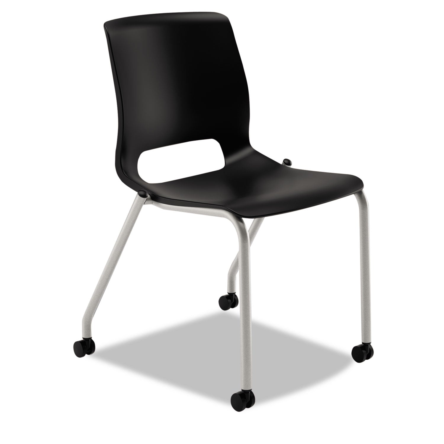 Motivate Four-Leg Stacking Chair, Supports 300 lb, 18.25" Seat Height, Onyx Fabric Seat, Black Back, Platinum Base, 2/Carton -