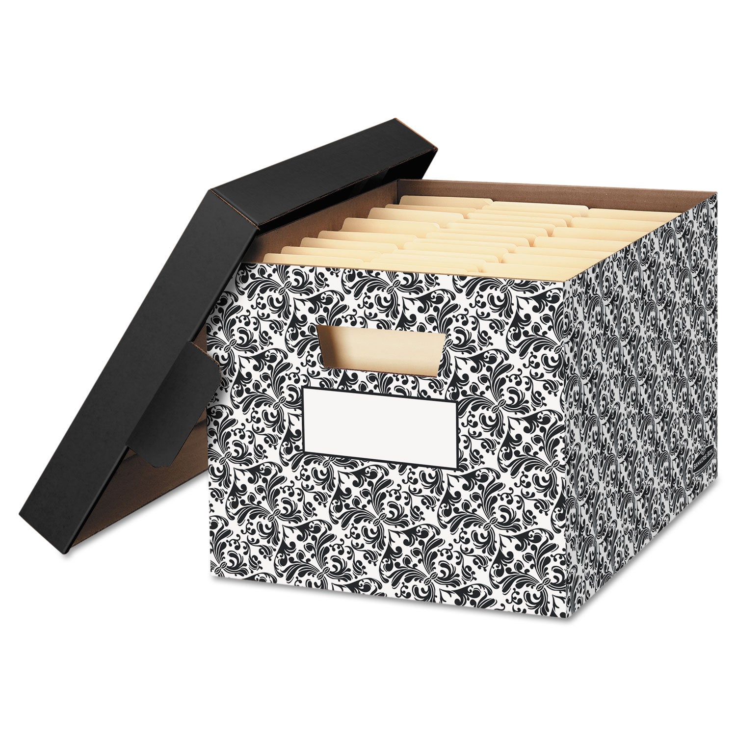 STOR/FILE Decorative Medium-Duty Storage Box, Letter/Legal Files, 12.5" x 16.25" x 10.5", Black/White Brocade Design, 4/CT -