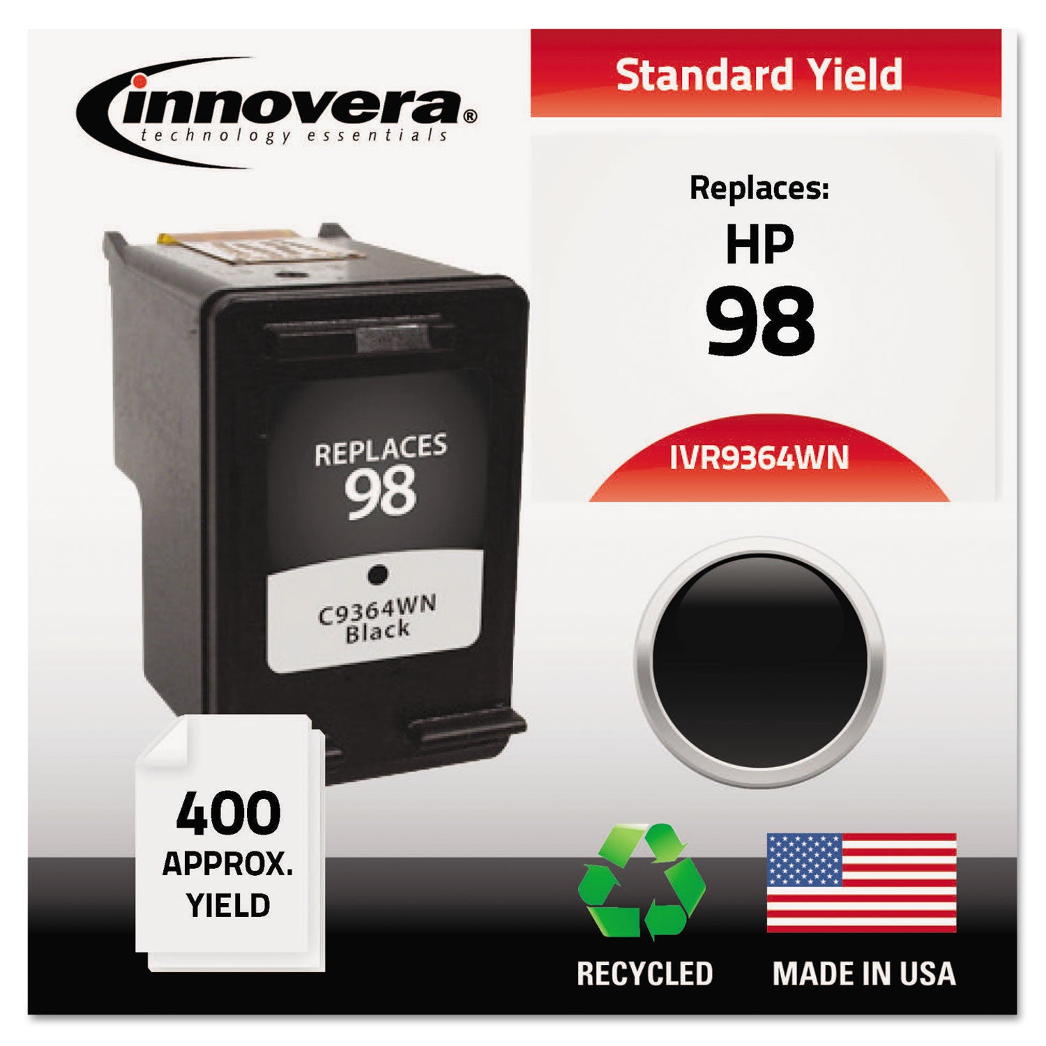 Remanufactured Black High-Yield Ink, Replacement for 98 (C9364A), 400 Page-Yield -