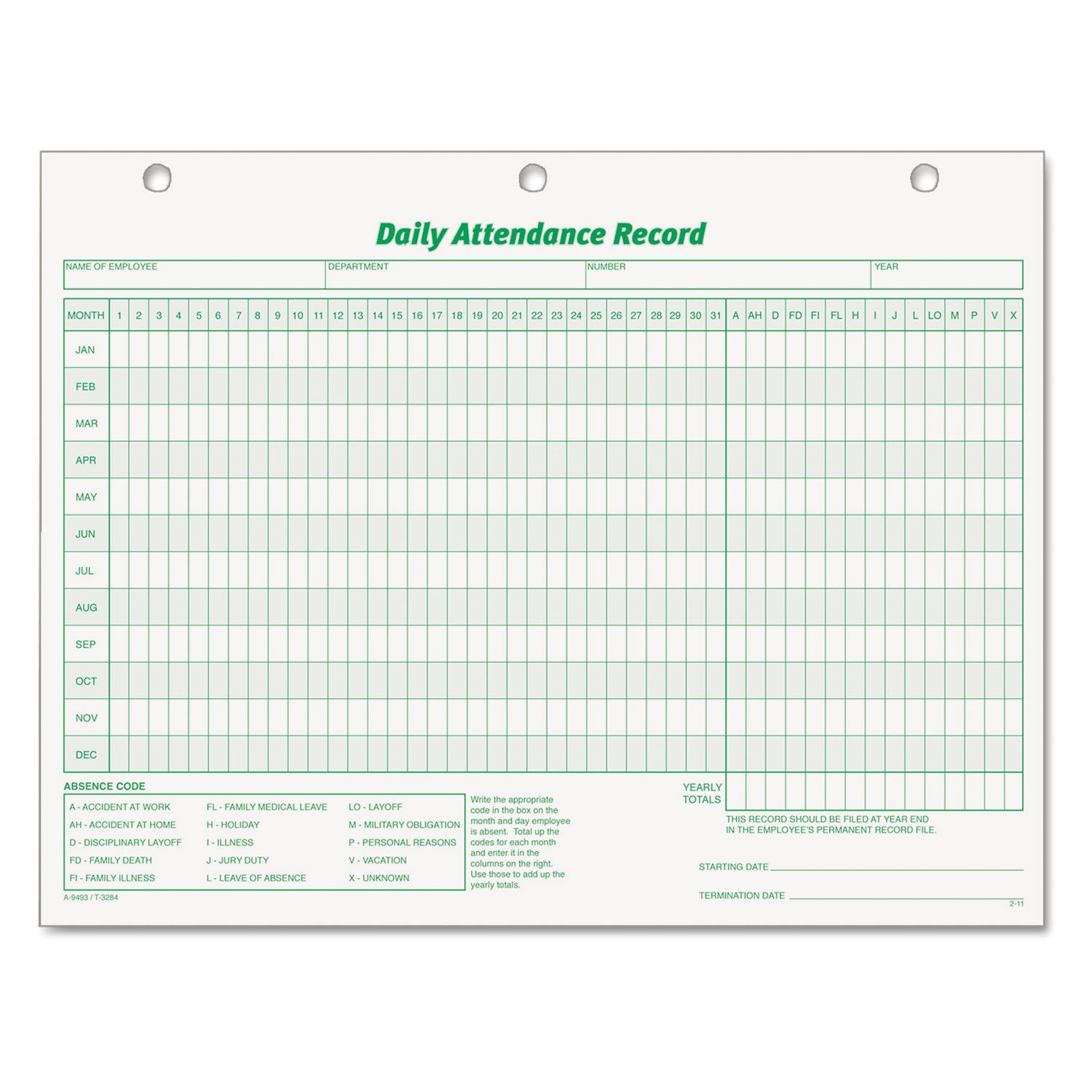 Daily Attendance Card, One-Part (No Copies), 11 x 8.5, 50 Forms Total -