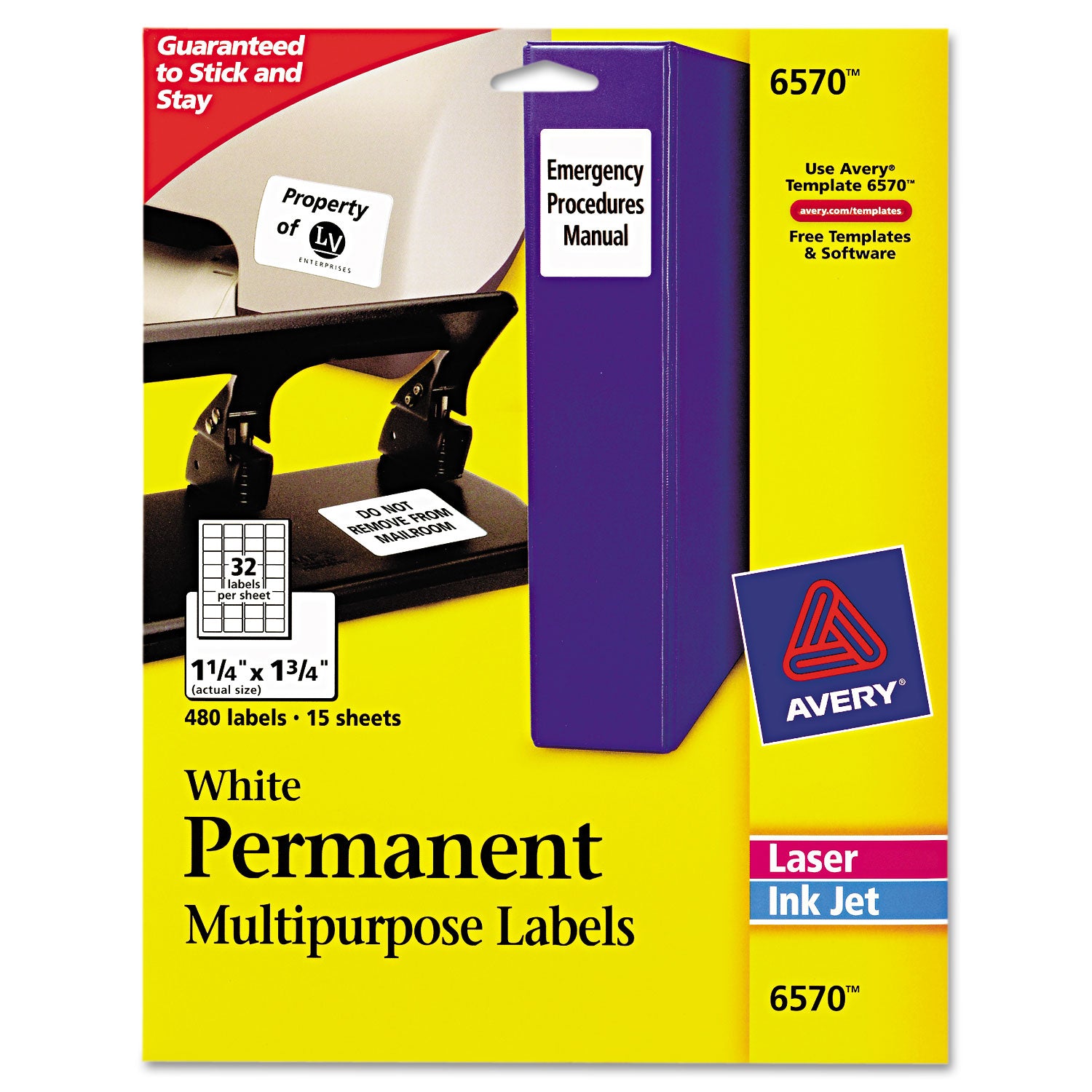 Permanent ID Labels w/ Sure Feed Technology, Inkjet/Laser Printers, 1.25 x 1.75, White, 32/Sheet, 15 Sheets/Pack -