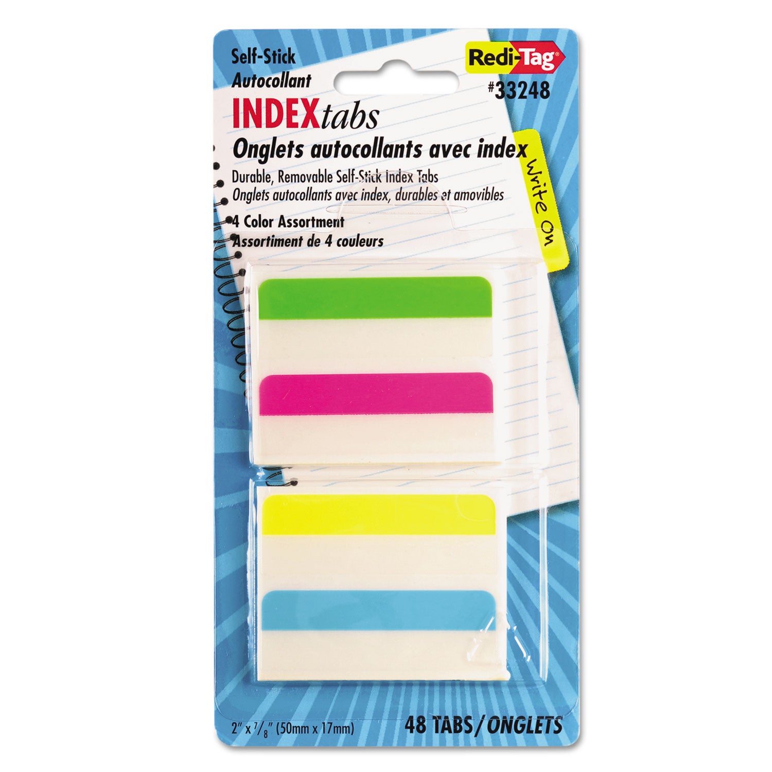 Write-On Index Tabs, 1/5-Cut, Assorted Colors, 2" Wide, 48/Pack -