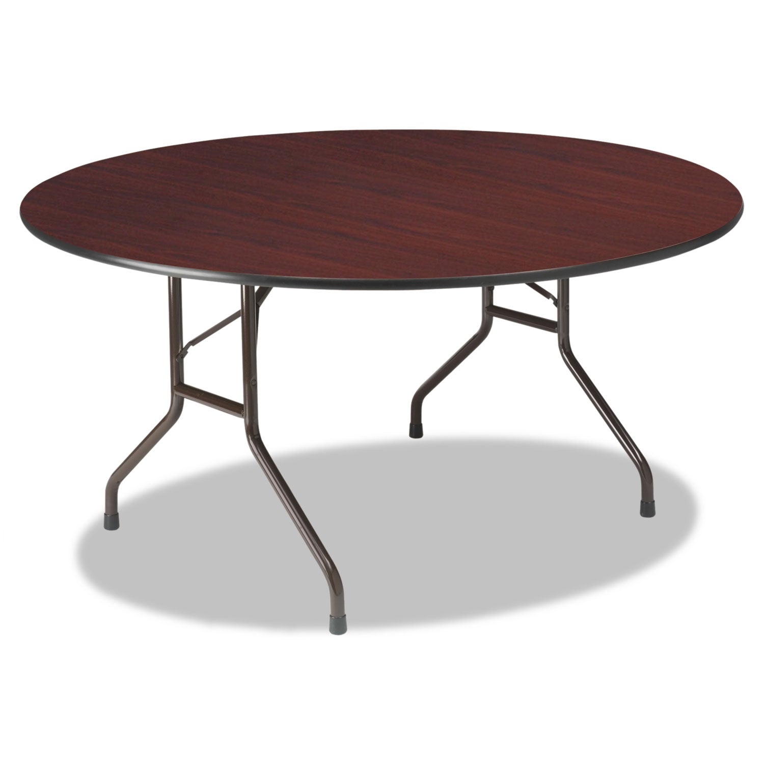 OfficeWorks Wood Folding Table, Round, 60" x 29", Mahogany Top, Gray Base -