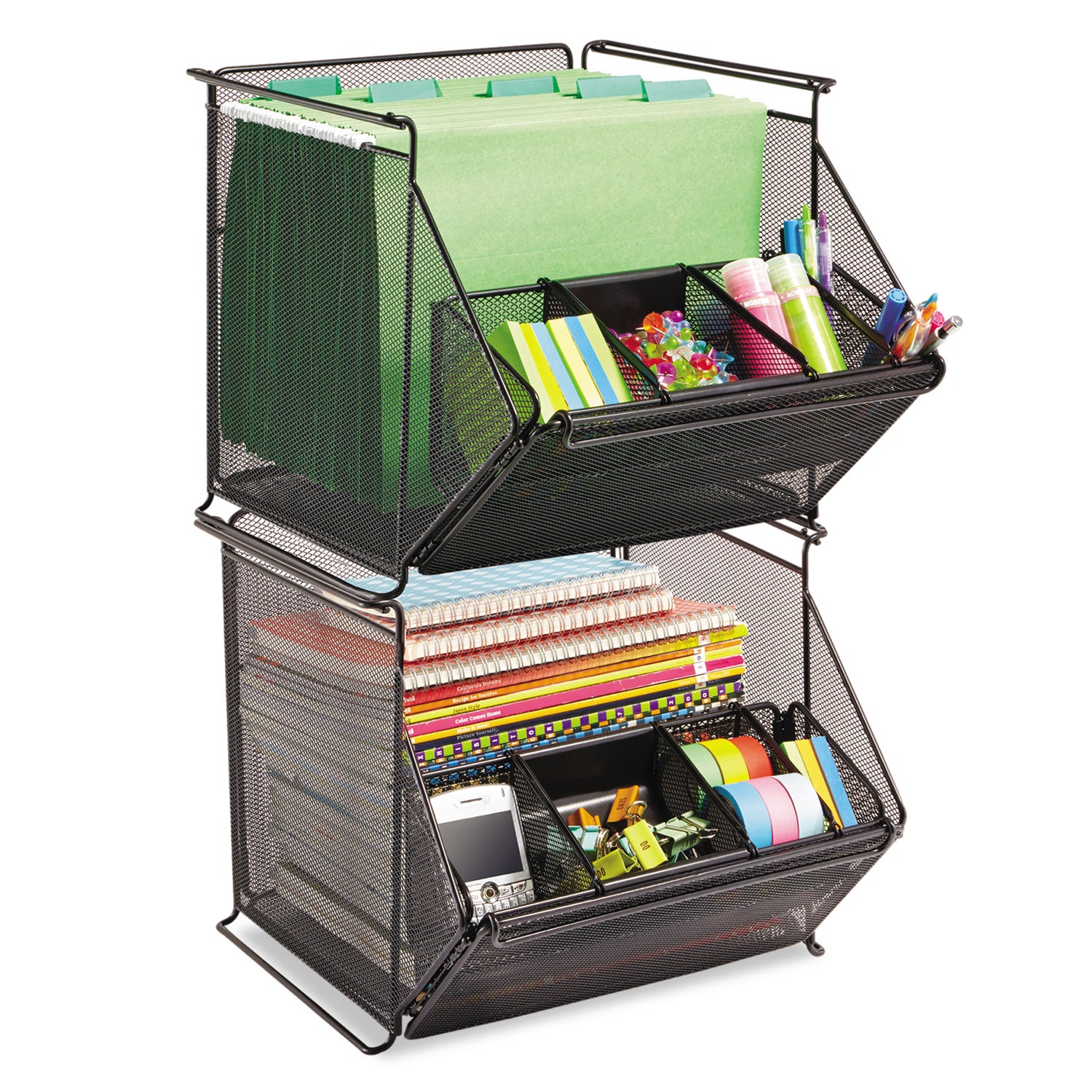 Onyx Stackable Mesh Storage Bin, 4 Compartments, Steel Mesh, 14 x 15.5 x 11.75, Black -