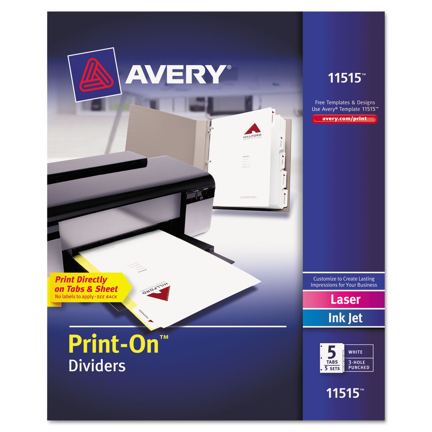 Customizable Print-On Dividers, 3-Hole Punched, 5-Tab, 11 x 8.5, White, 5 Sets -