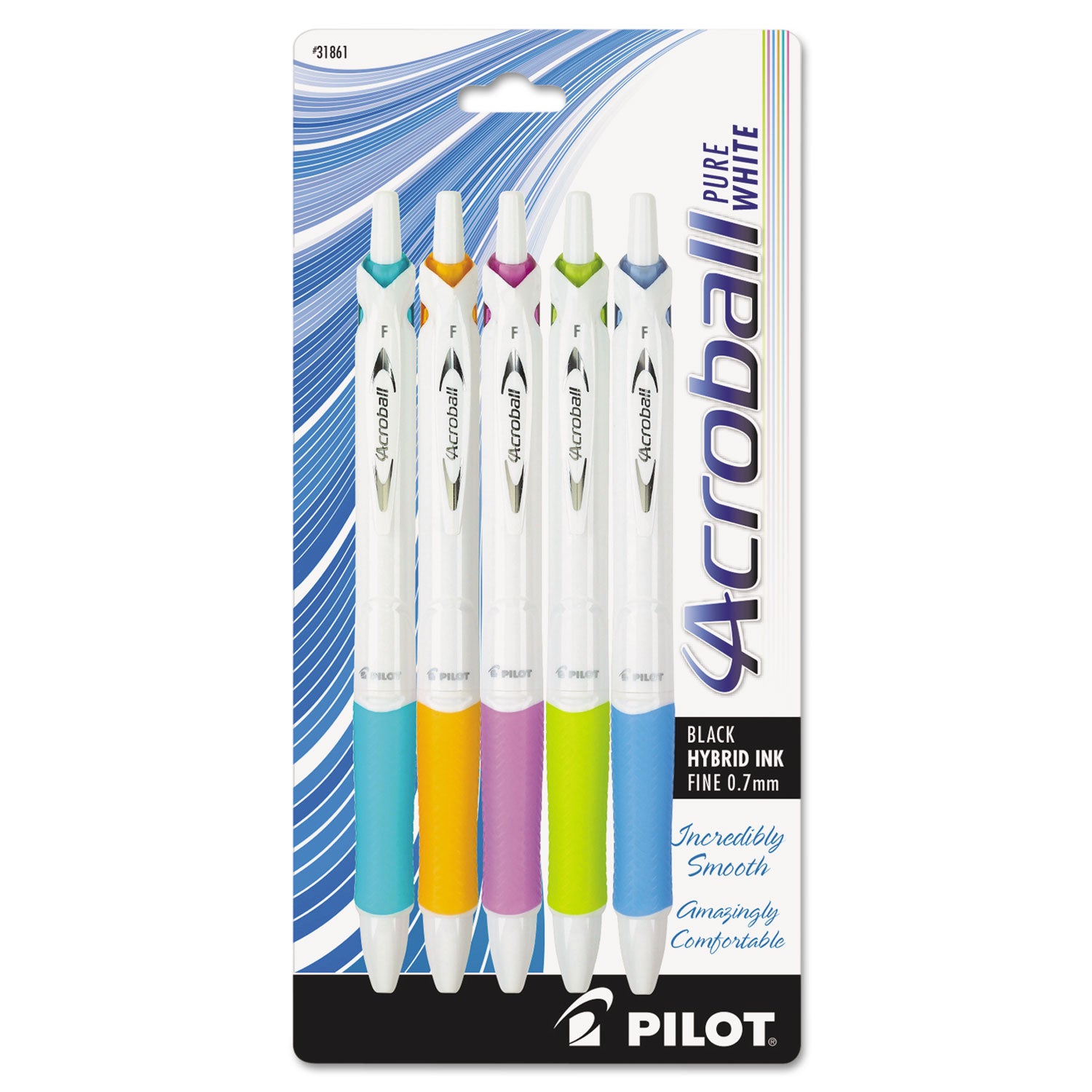 Acroball PureWhite Advanced Ink Hybrid Gel Pen, Retractable, Fine 0.7 mm, Black Ink, Assorted Barrel Colors, 5/Pack -