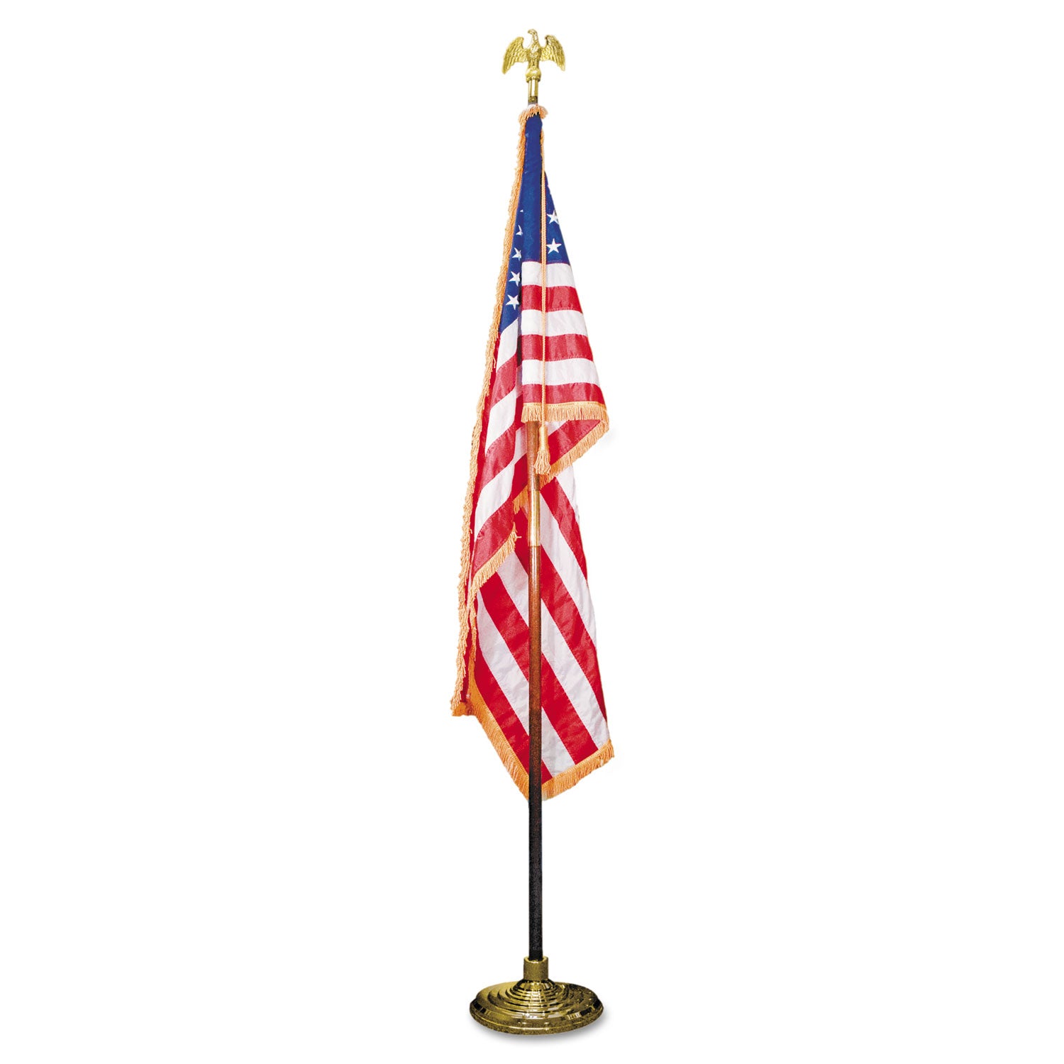Deluxe U.S. Flag and Staff Set, 60" x 36" Flag, 8 ft Oak Staff, 2" Gold Fringe, 7" Goldtone Eagle, Heavyweight Nylon -