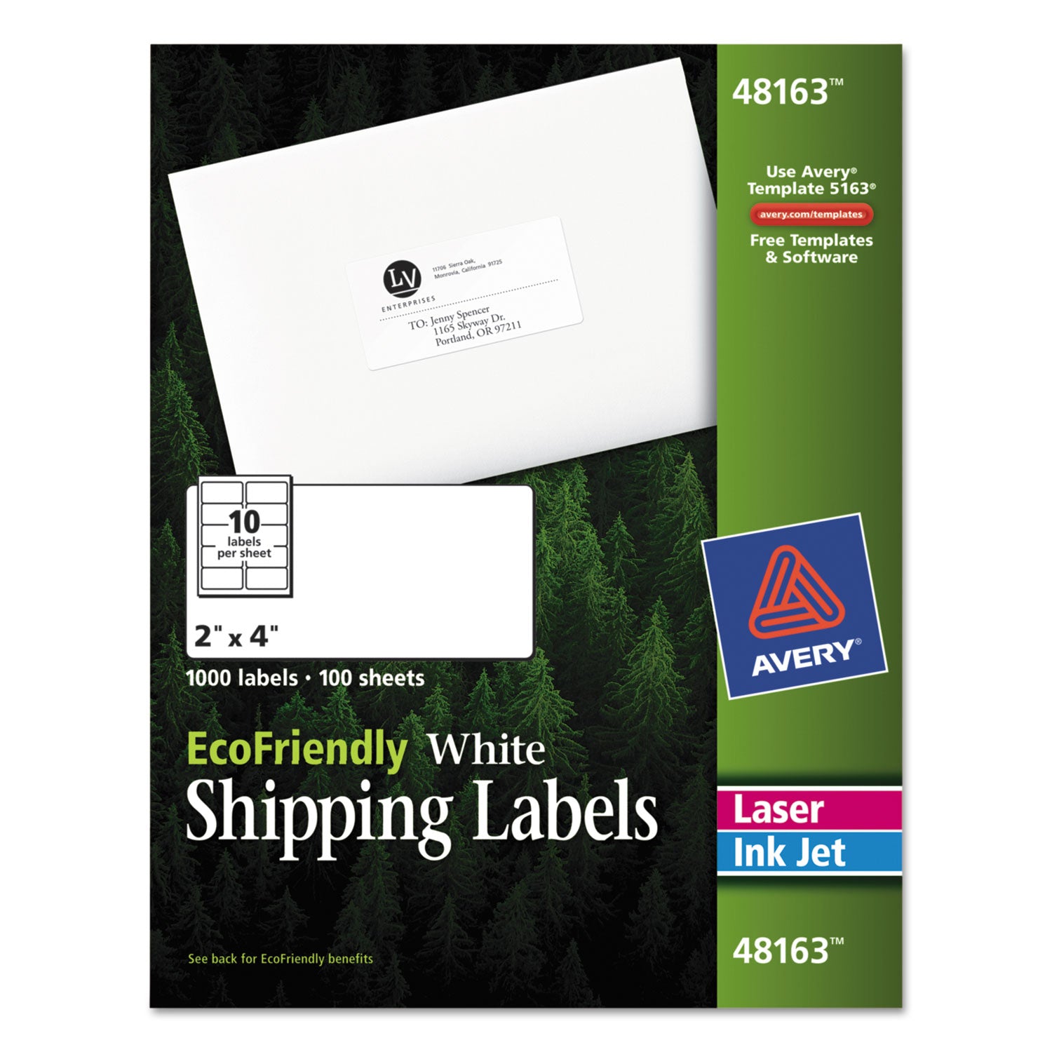 EcoFriendly Mailing Labels, Inkjet/Laser Printers, 2 x 4, White, 10/Sheet, 100 Sheets/Pack -