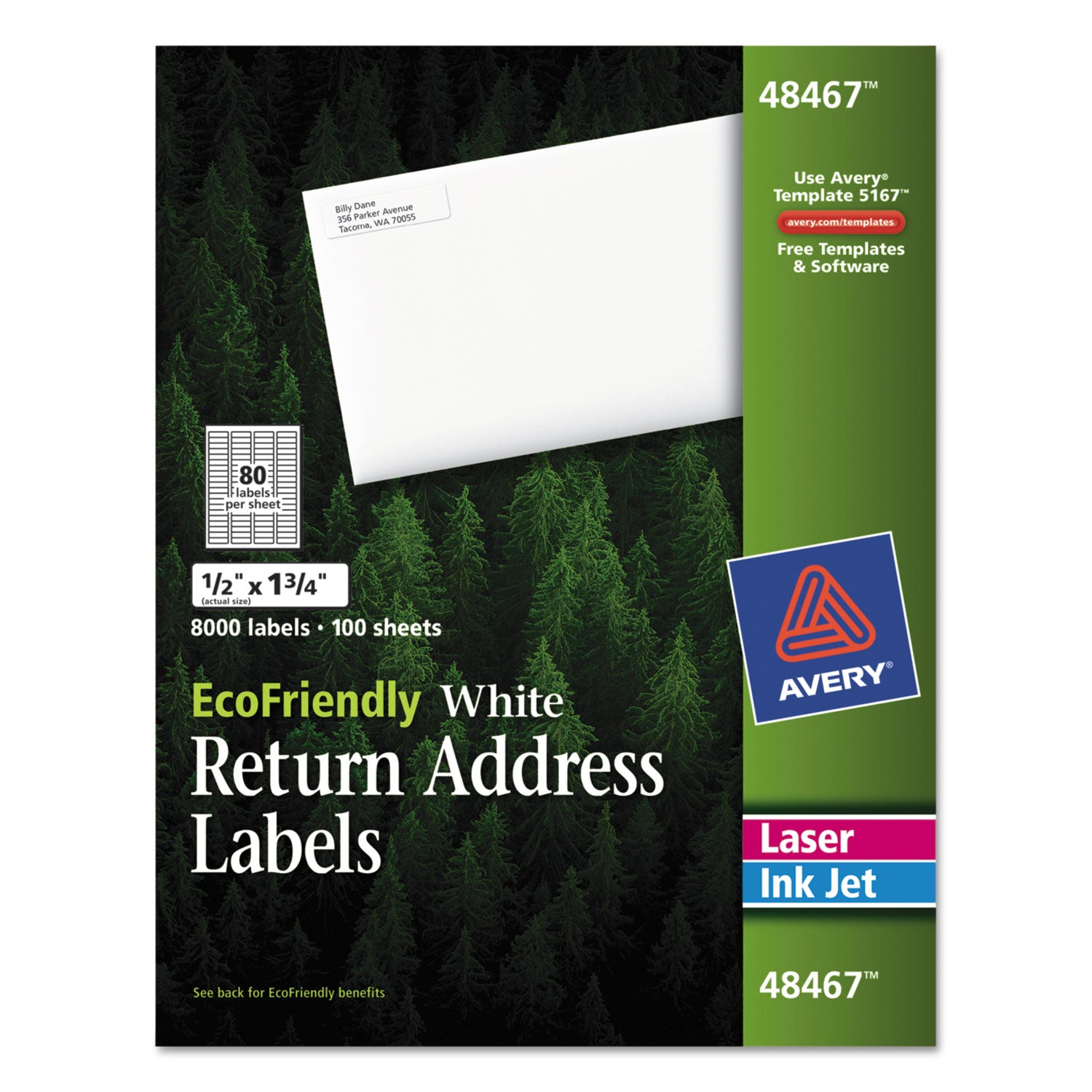 EcoFriendly Mailing Labels, Inkjet/Laser Printers, 0.5 x 1.75, White, 80/Sheet, 100 Sheets/Pack -