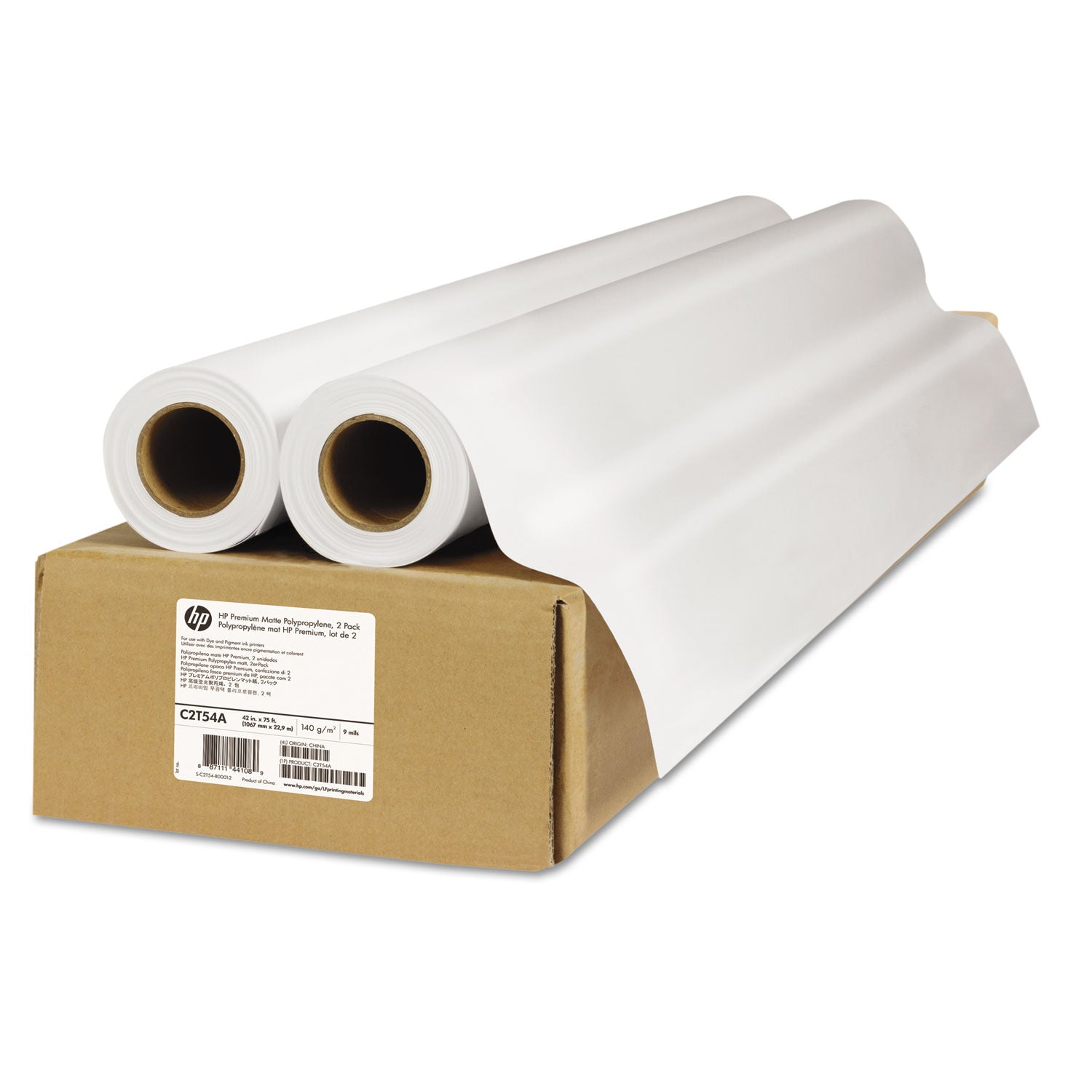 Premium Matte Polypropylene Paper, 2" Core, 42" x 75 ft, Matte White, 2/Pack -