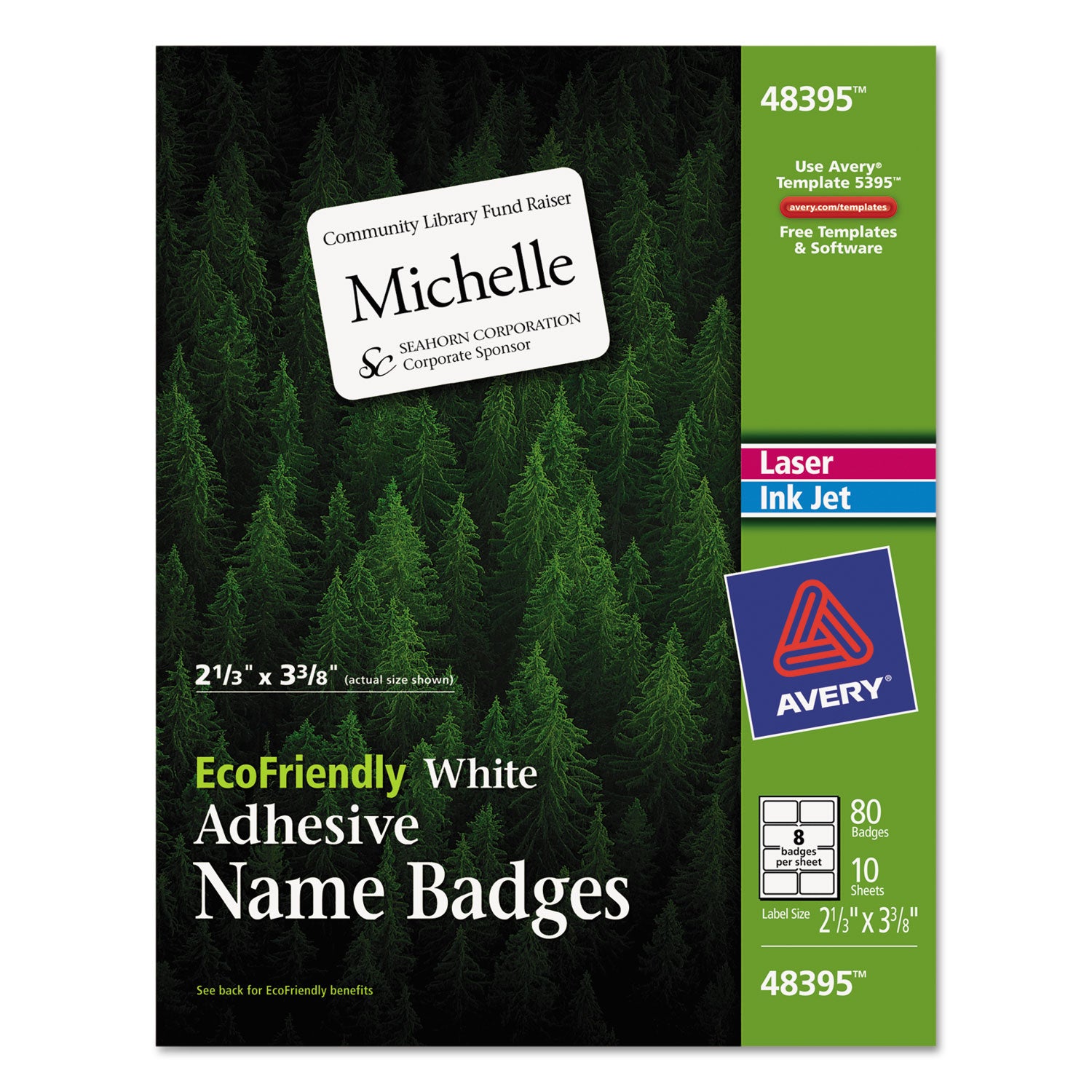 EcoFriendly Adhesive Name Badge Labels, 3.38 x 2.33, White, 80/Pack -