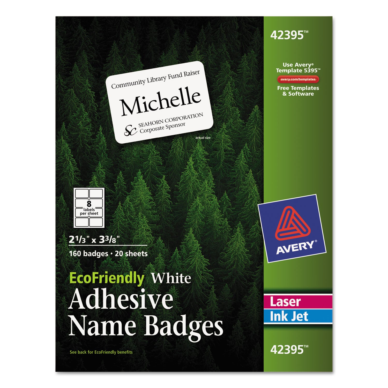 EcoFriendly Adhesive Name Badge Labels, 3.38 x 2.33, White, 160/Box -