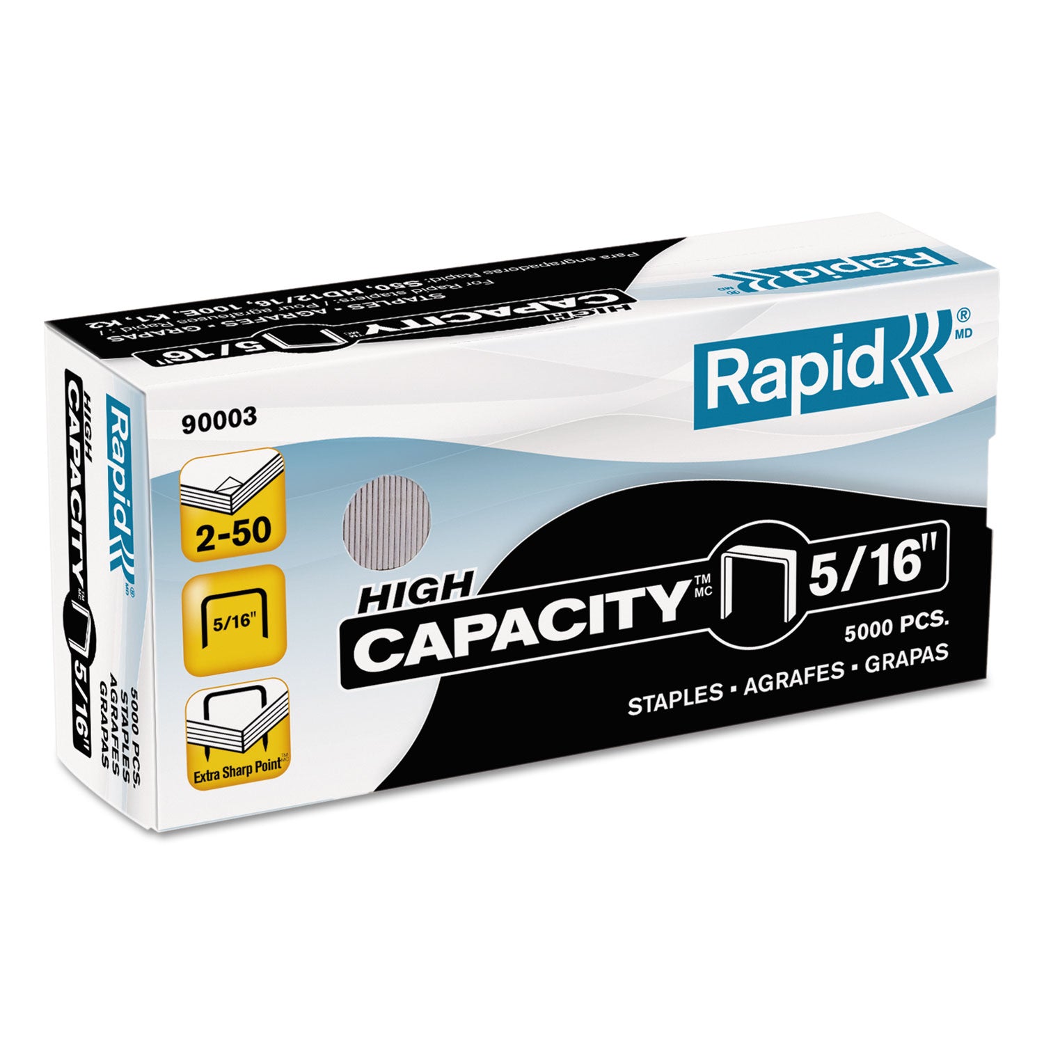 High Capacity Staples, 0.31" Leg, 0.5" Crown, Steel, 5,000/Box -