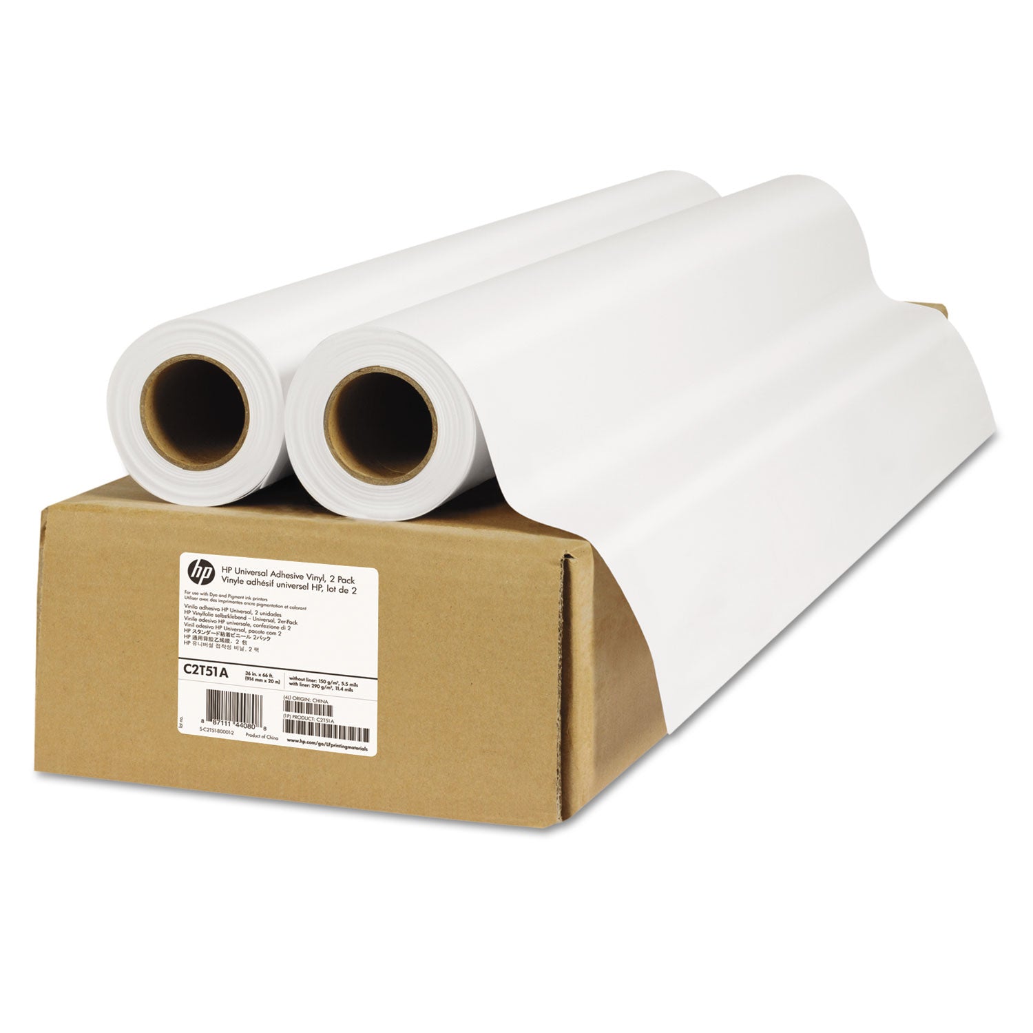 Universal Adhesive Vinyl, 2" Core, 36" x 66 ft, Vinyl White, 2/Pack -