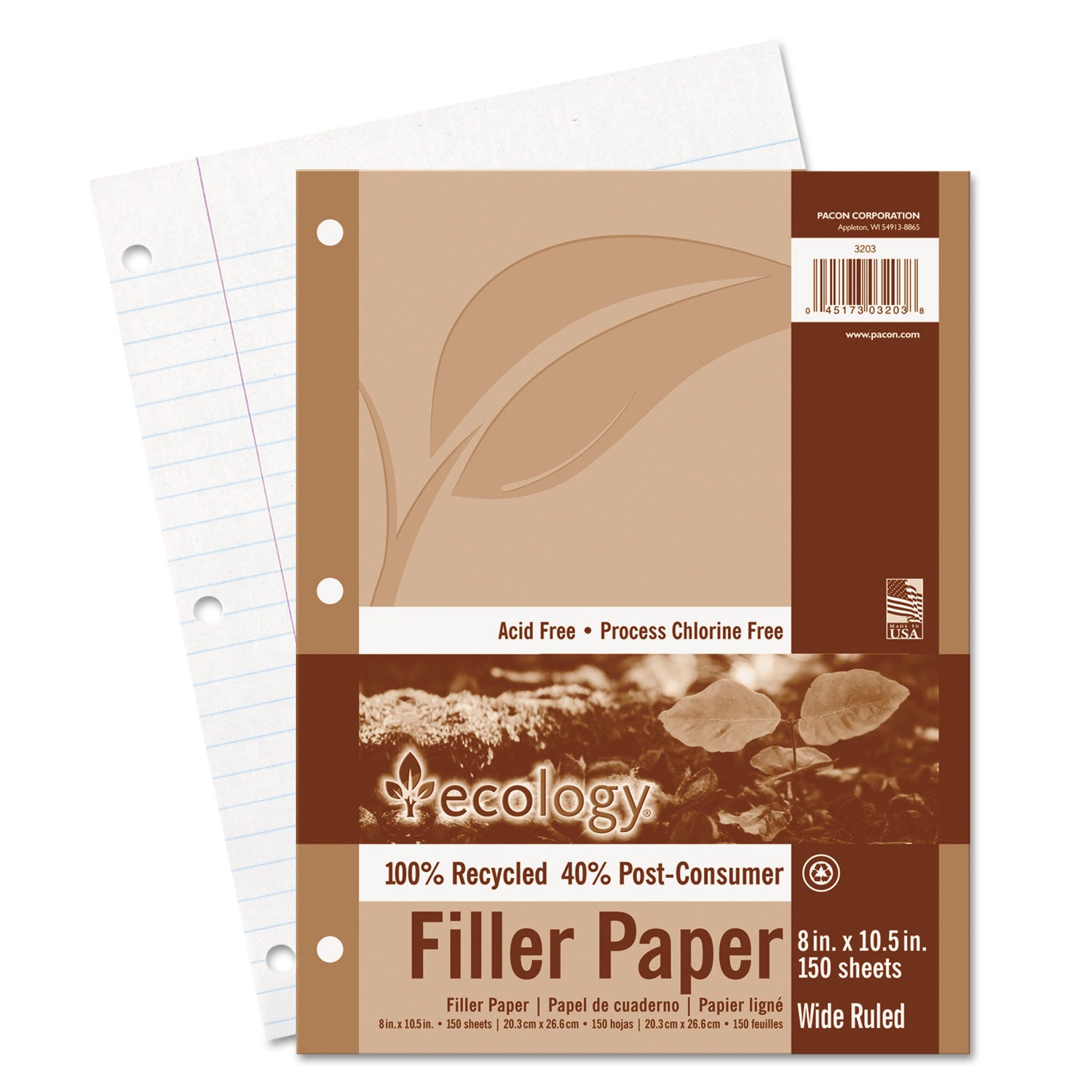 Ecology Filler Paper, 3-Hole, 8 x 10.5, Wide/Legal Rule, 150/Pack -
