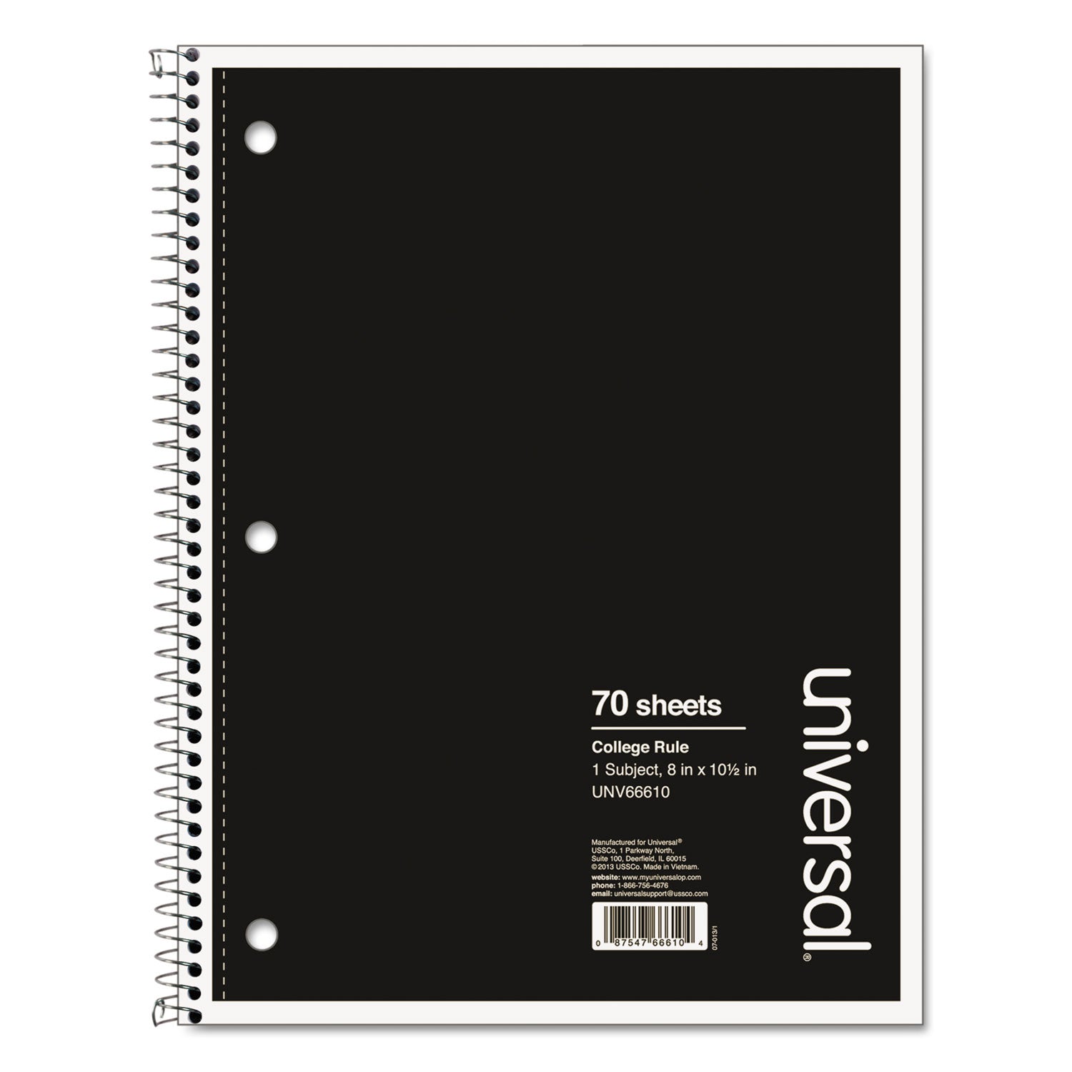 Wirebound Notebook, 1-Subject, Medium/College Rule, Black Cover, (70) 10.5 x 8 Sheets -