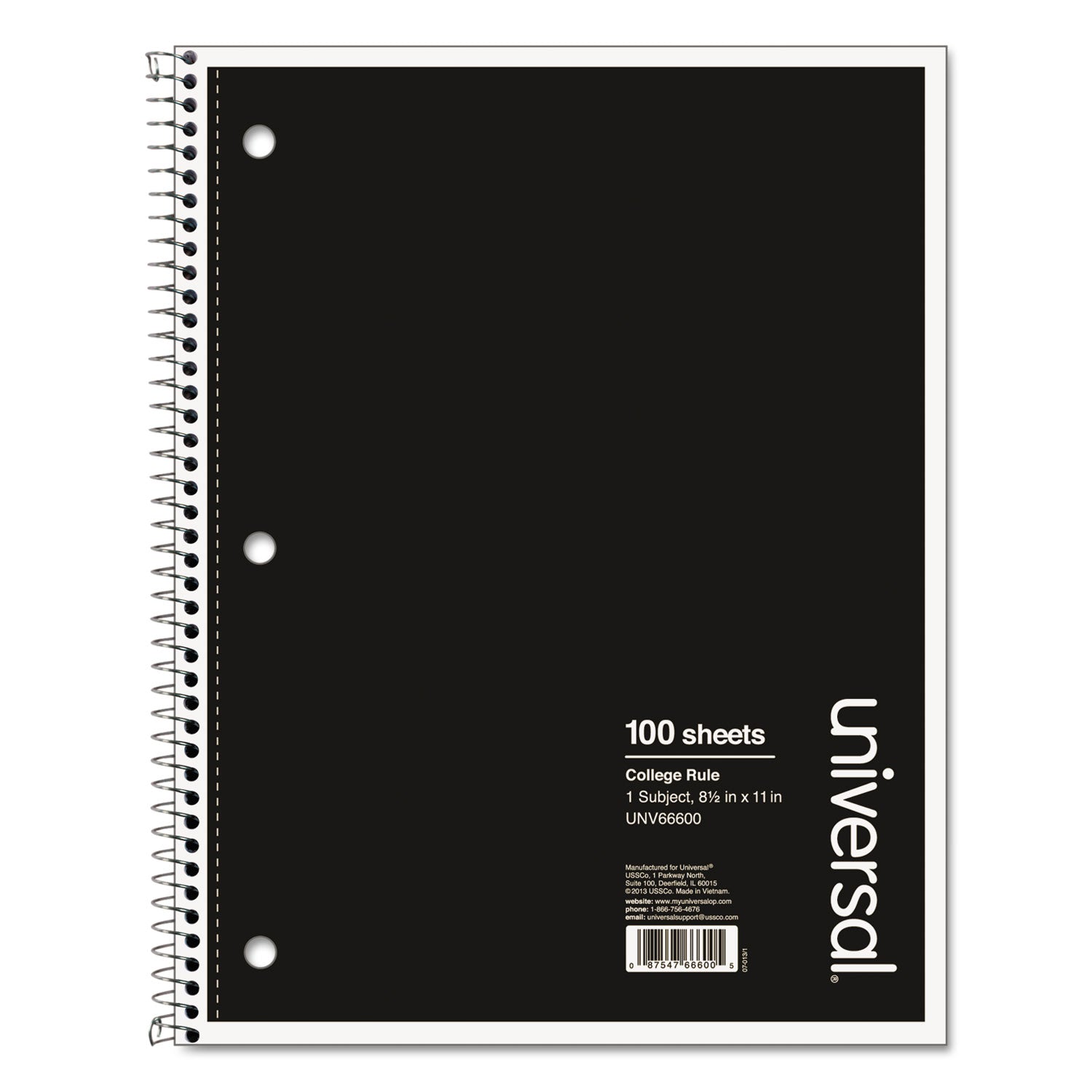 Wirebound Notebook, 1-Subject, Medium/College Rule, Black Cover, (100) 11 x 8.5 Sheets -