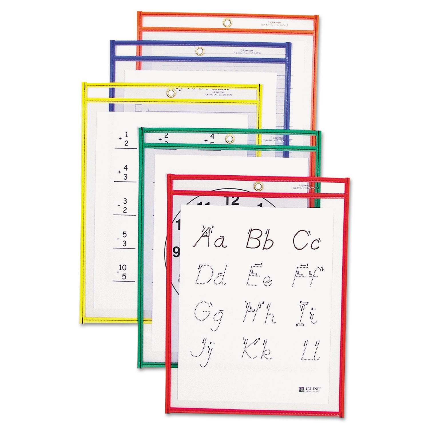 Reusable Dry Erase Pockets, 9 x 12, Assorted Primary Colors, 5/Pack -