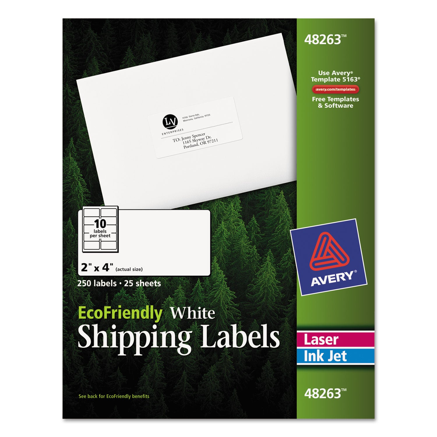 EcoFriendly Mailing Labels, Inkjet/Laser Printers, 2 x 4, White, 10/Sheet, 25 Sheets/Pack -