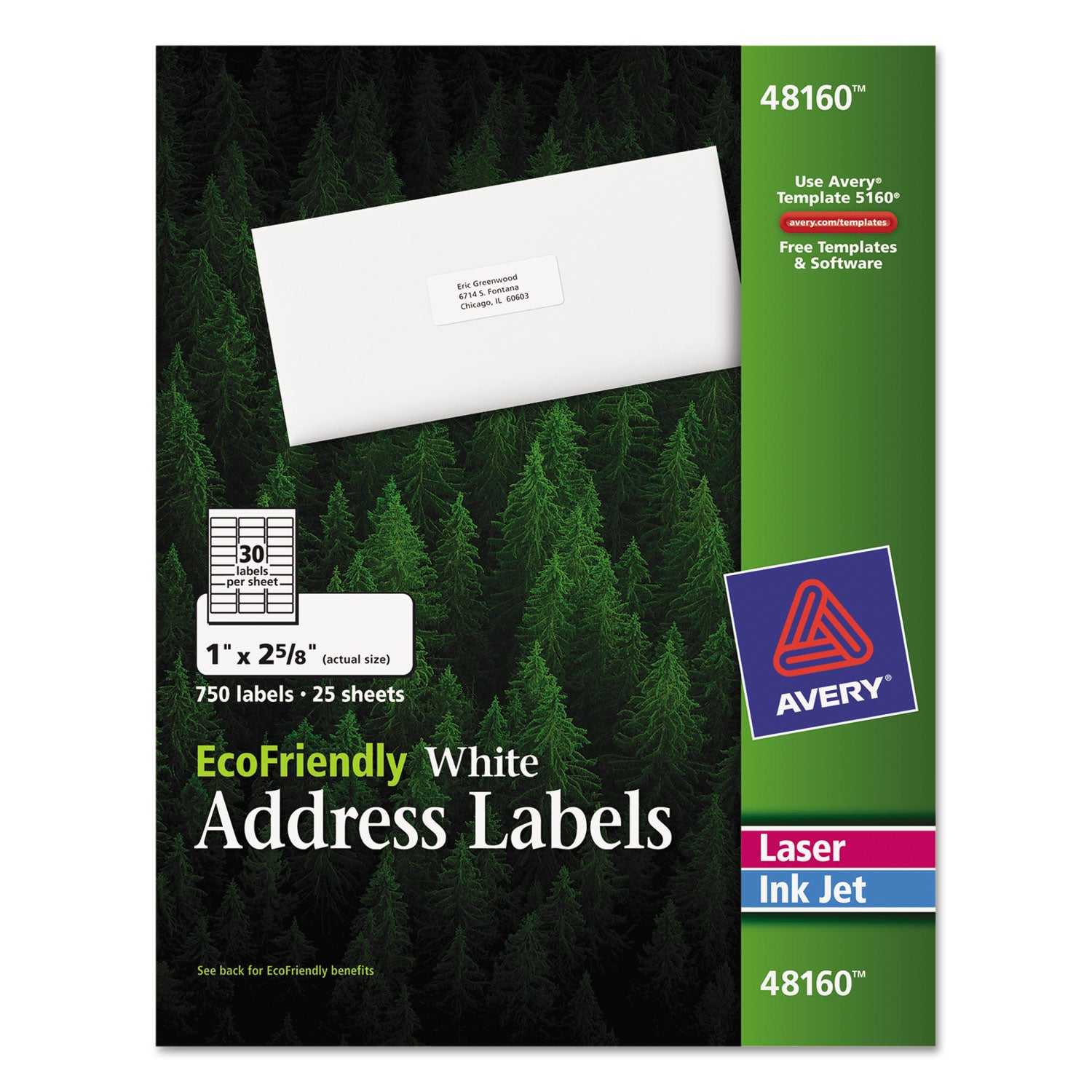 EcoFriendly Mailing Labels, Inkjet/Laser Printers, 1 x 2.63, White, 30/Sheet, 25 Sheets/Pack -